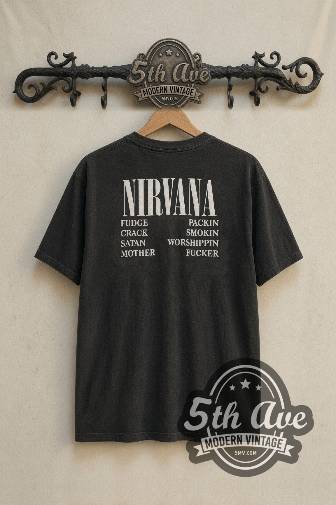 Back print of Nirvana Vestibule Circles of Hell tee on 5th Ave rack