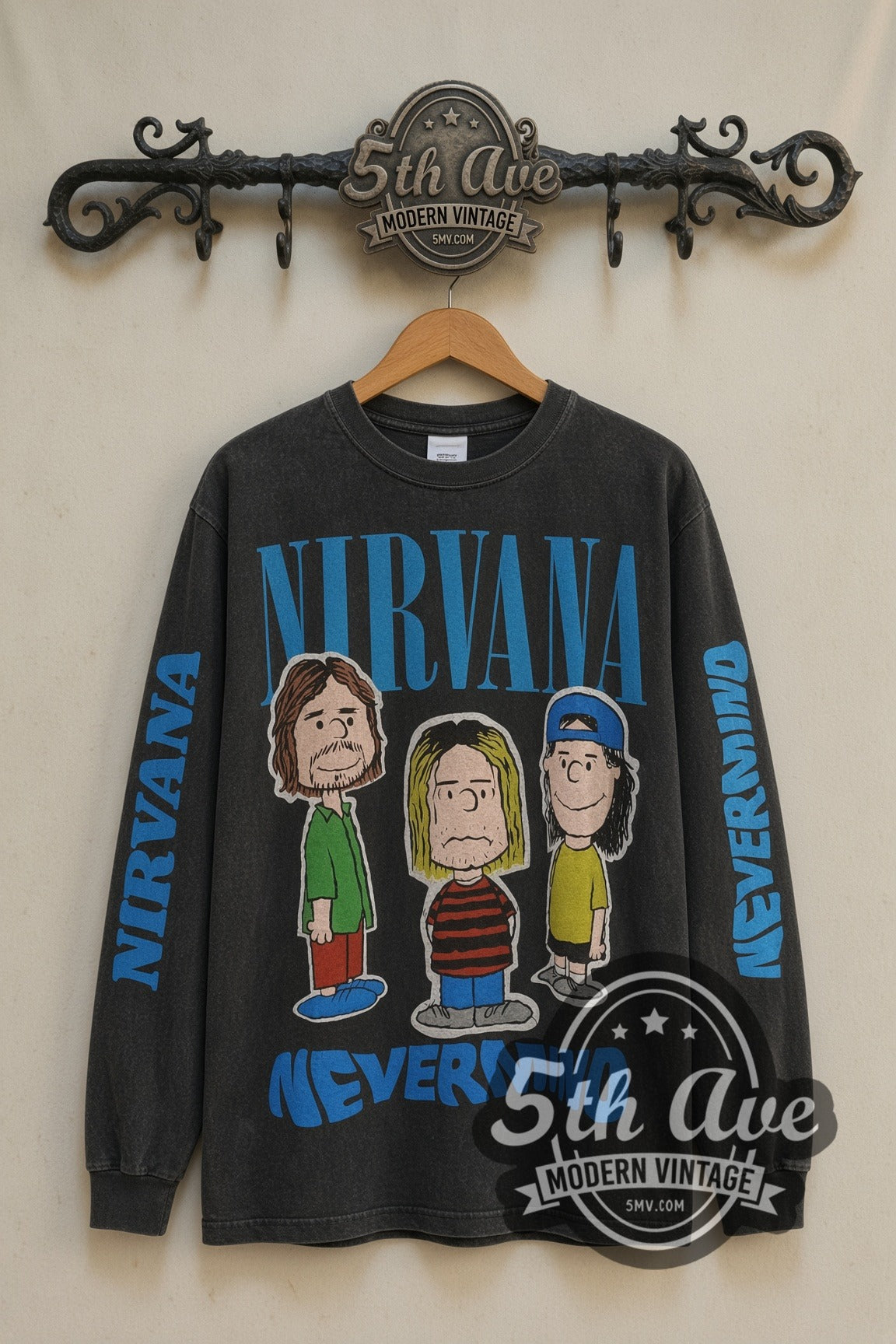 Nirvana x Peanuts Nevermind Snoopy vintage band long sleeve t-shirt front on 5th Ave iron rack