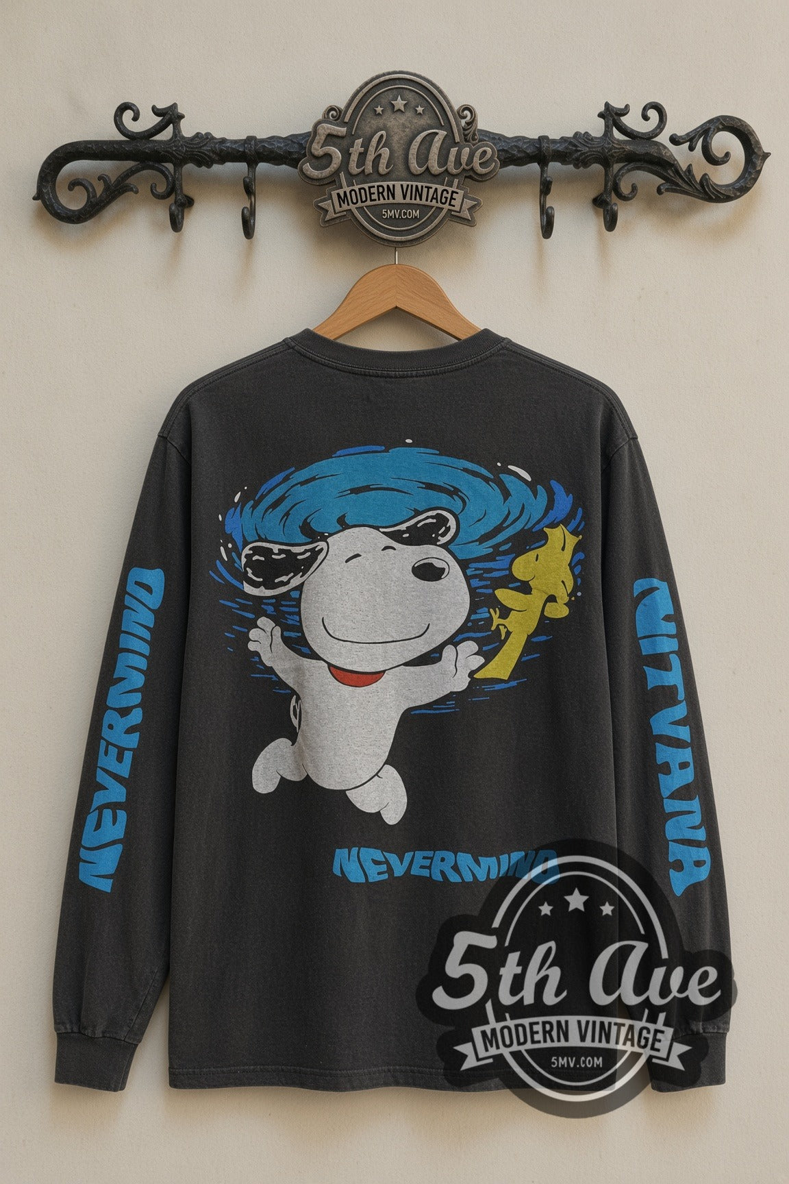Back print of Nirvana x Peanuts Nevermind Snoopy vintage band long sleeve tee on 5th Ave rack