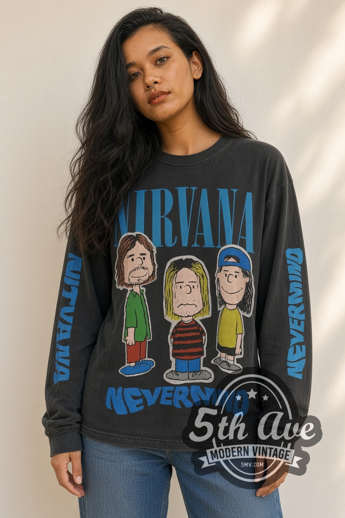 Woman wearing faded black Nirvana x Peanuts Nevermind Snoopy vintage band long sleeve t-shirt