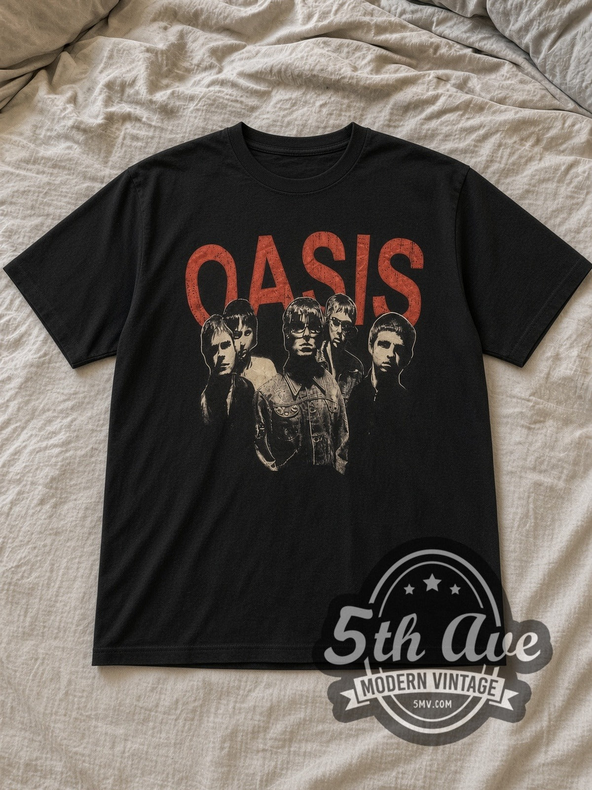 Black Oasis Bulls Legends Vintage Band T-Shirt laid flat on a linen bed