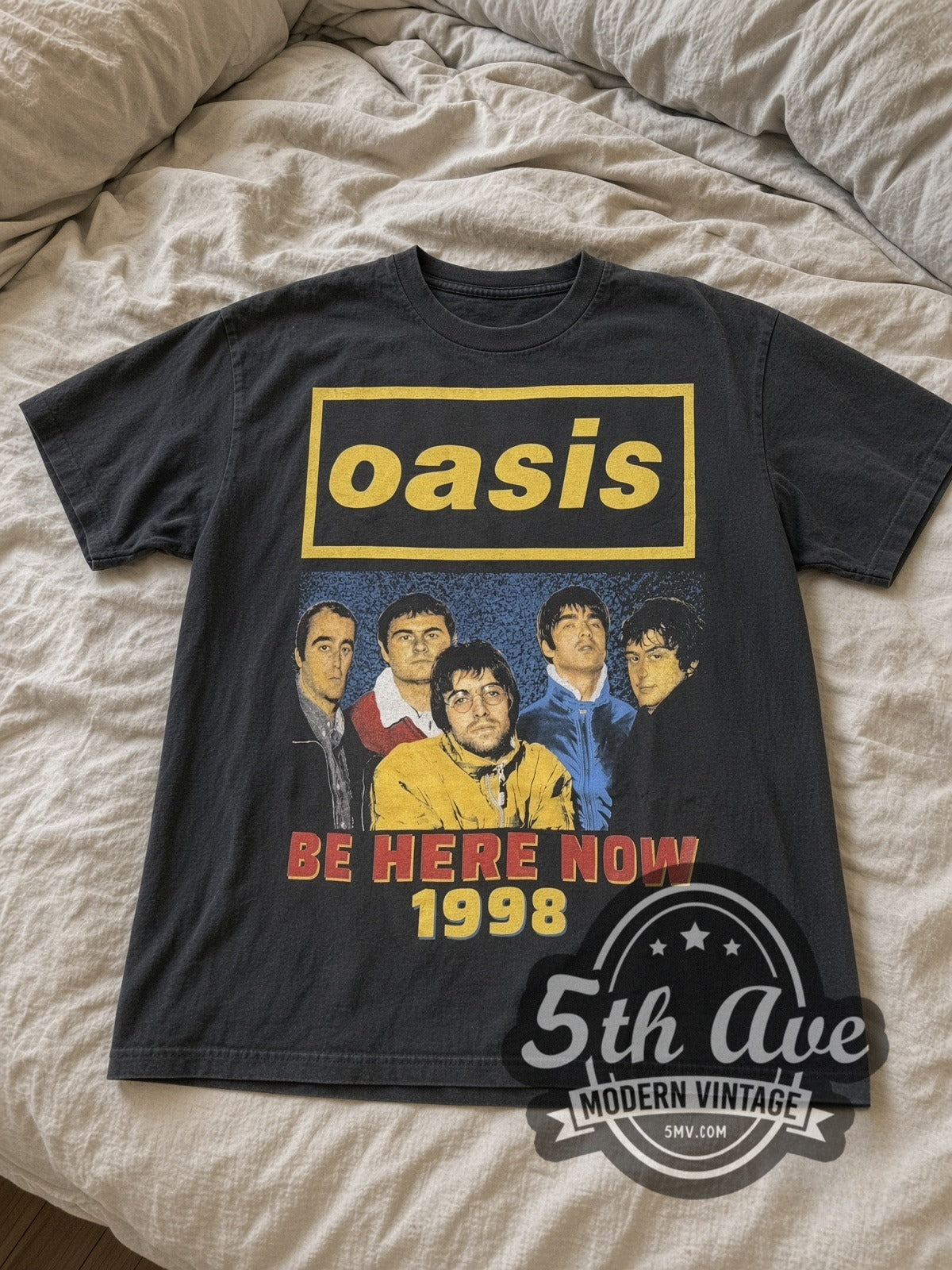 Oasis Be Here Now Tour 1998 vintage band tee laid flat