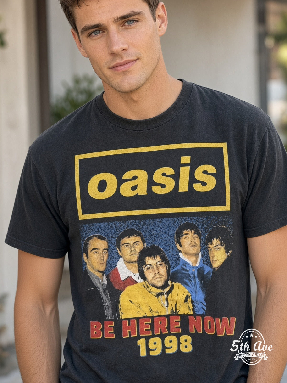 Model wearing Oasis Be Here Now Tour 1998 vintage t-shirt