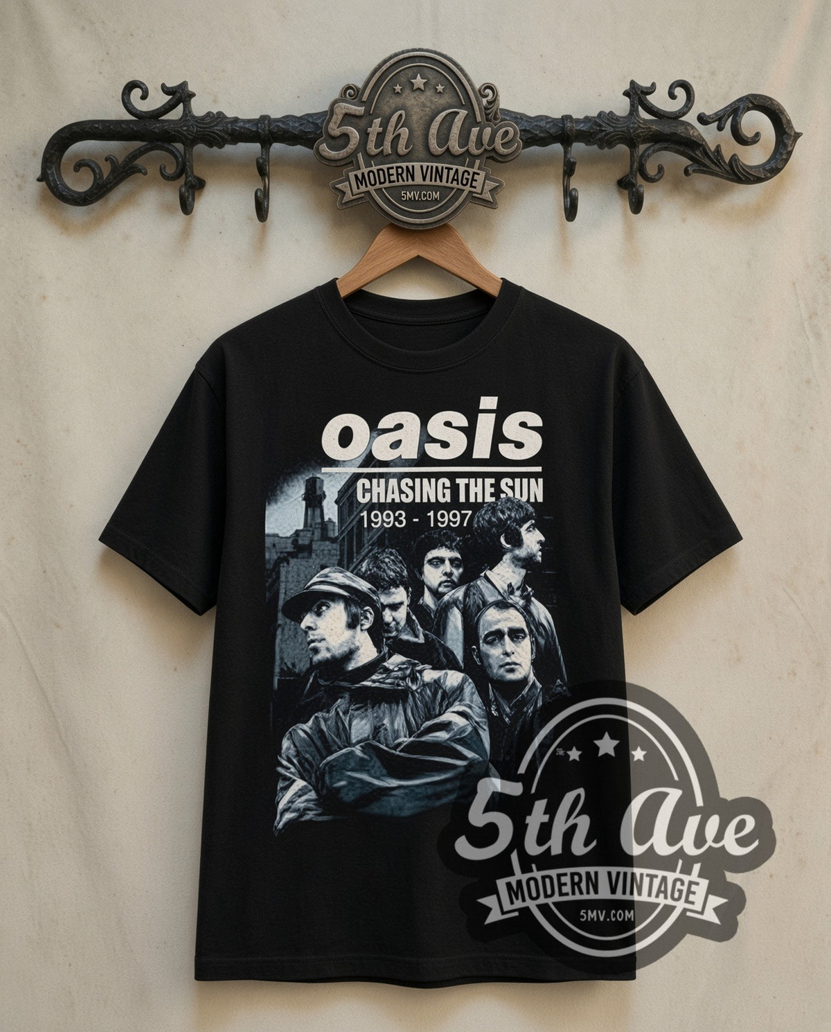 Oasis Chasing the Sun 1993-1997 double stitched black tee front on dark iron 5th Ave rack