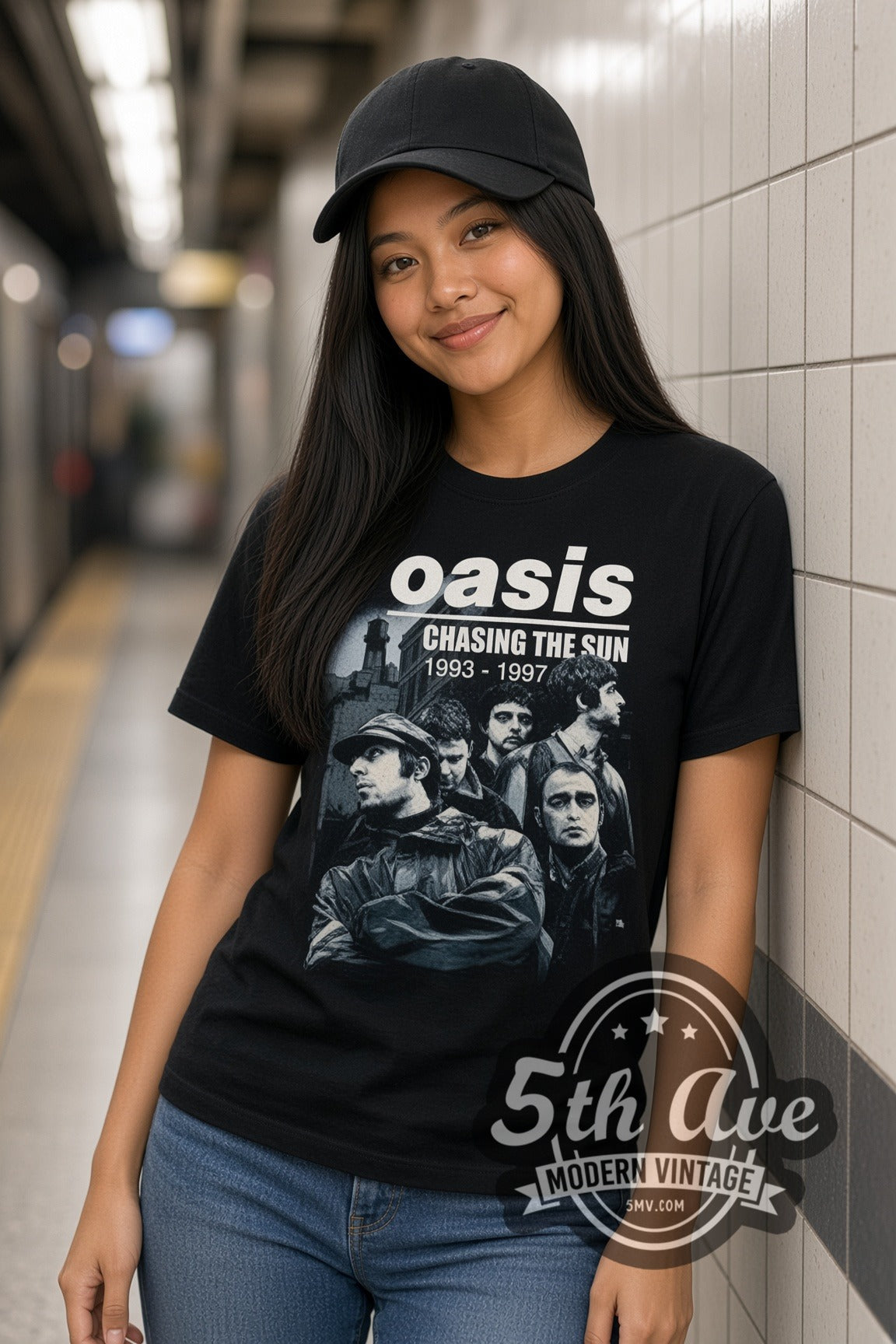 Woman wearing Oasis Chasing the Sun 1993-1997 double stitched black graphic tee