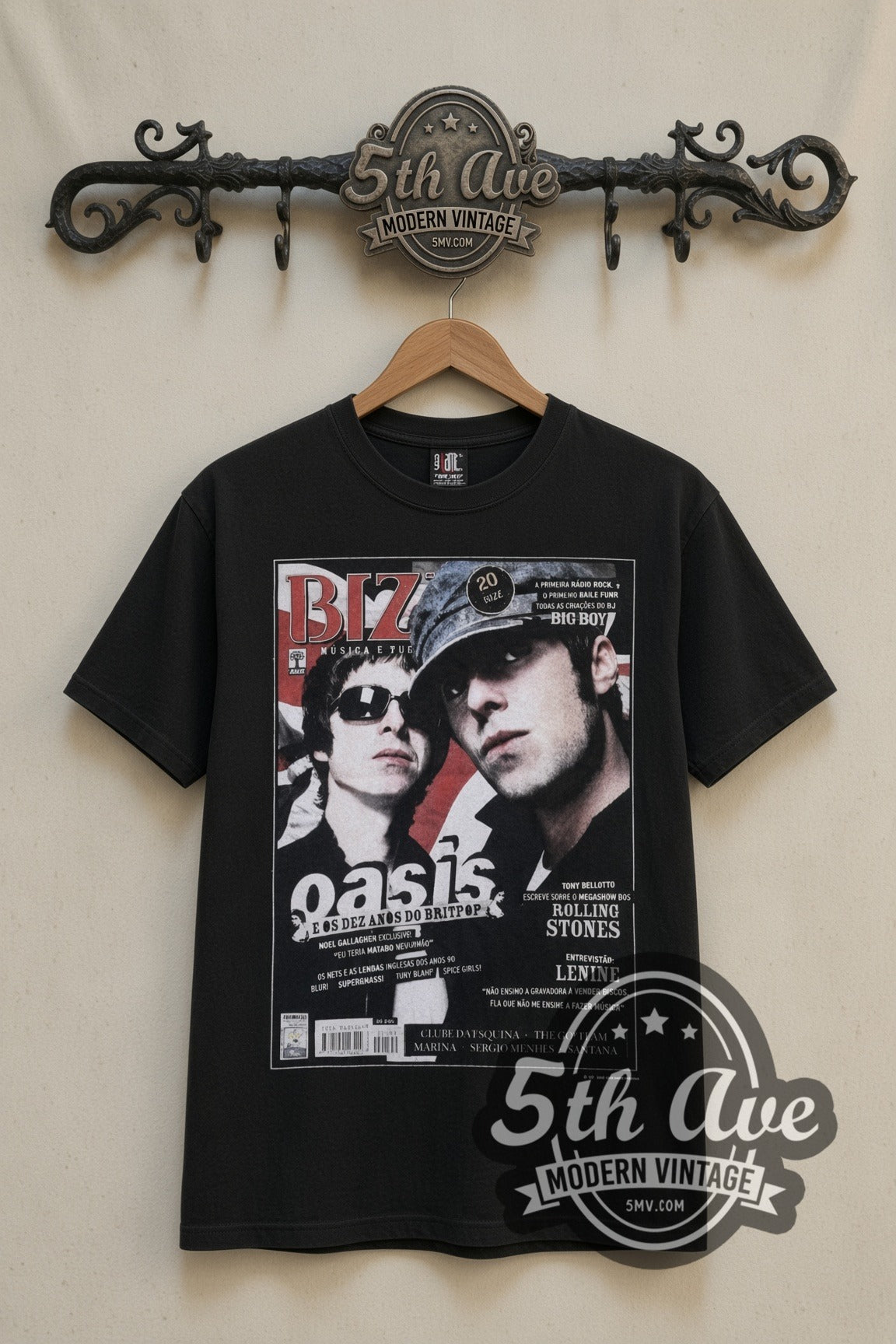 Oasis Gallagher Brothers Magazine Cover vintage band t-shirt in black, front view on the 5MV rack