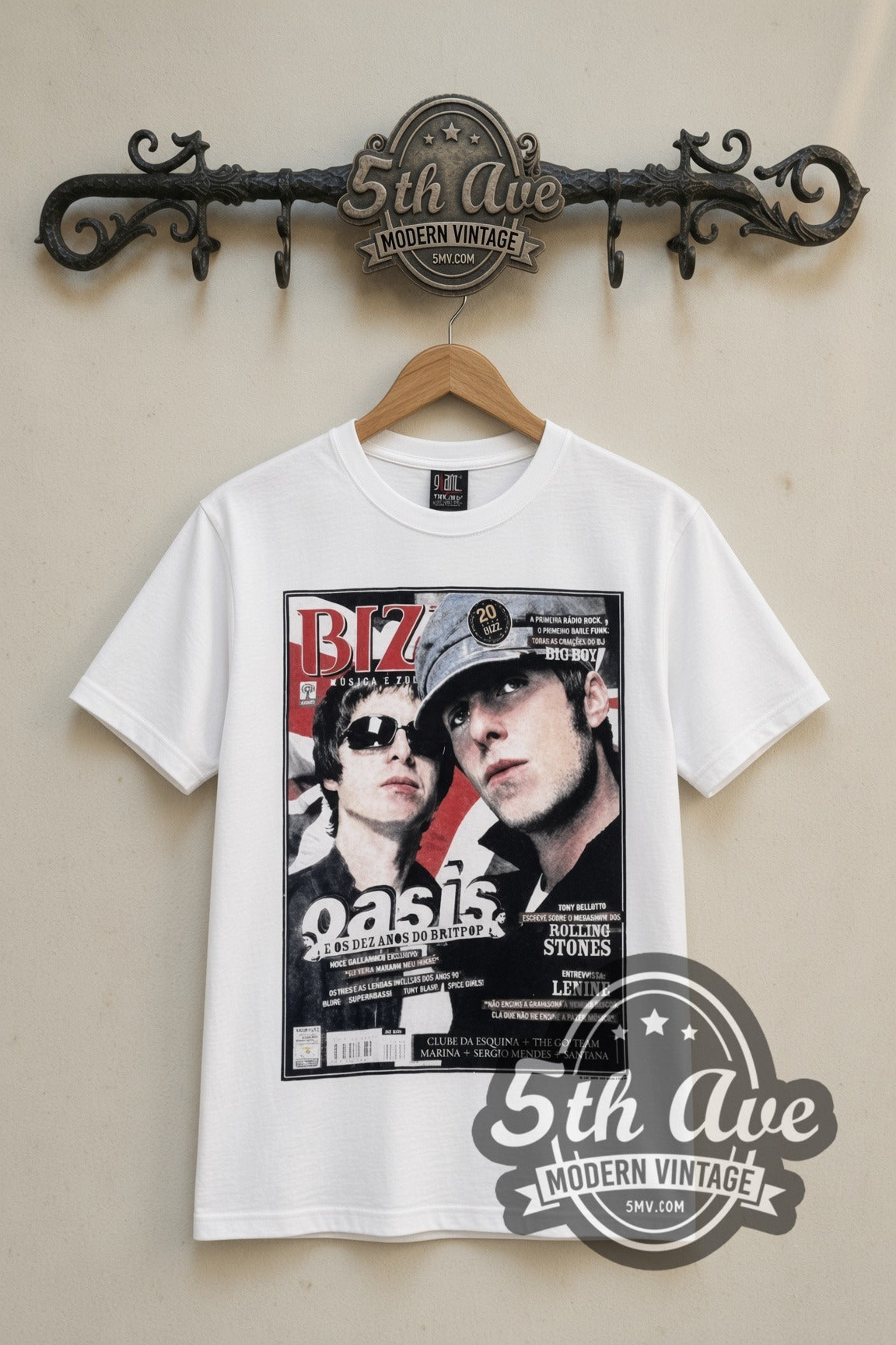 Oasis Gallagher Brothers Magazine Cover vintage band t-shirt in white, front view on the 5MV rack