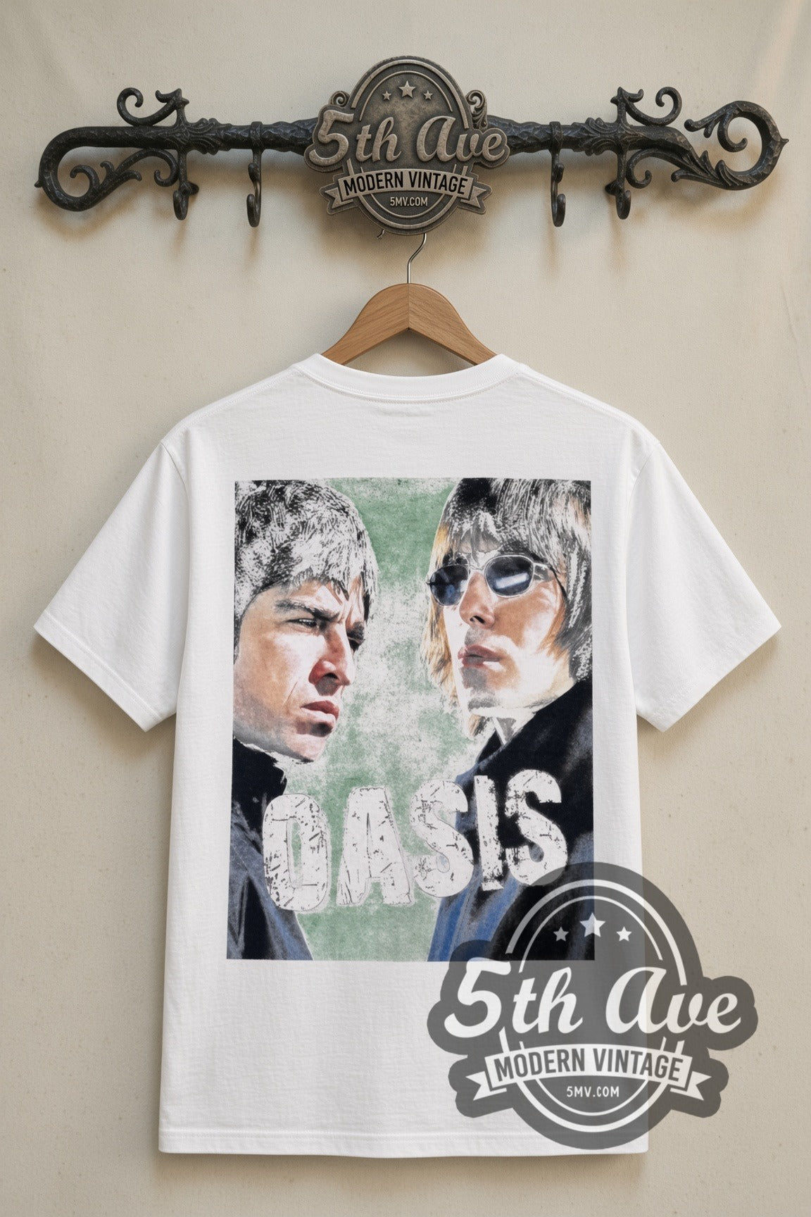 Oasis Gallagher Brothers Magazine Cover band t-shirt in white, back view on the 5MV rack