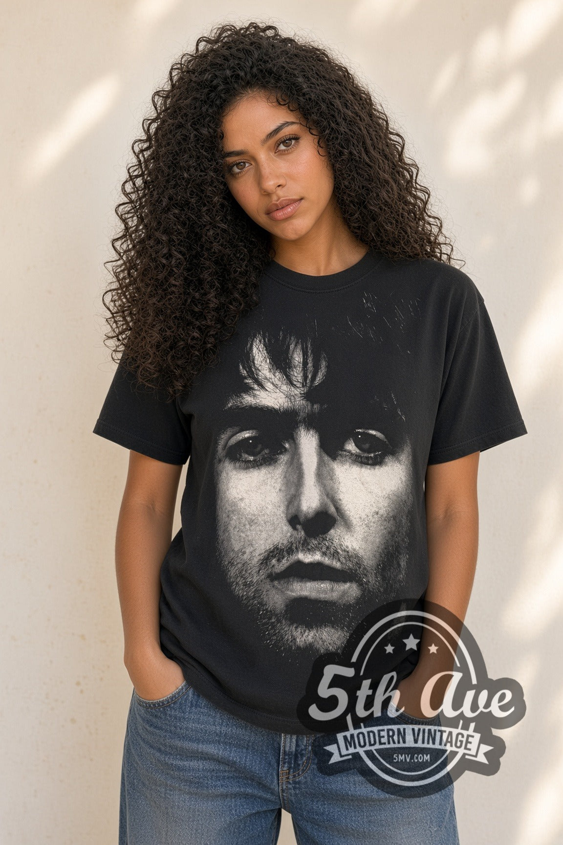 Woman wearing black Oasis Liam Face & Keys vintage band t-shirt