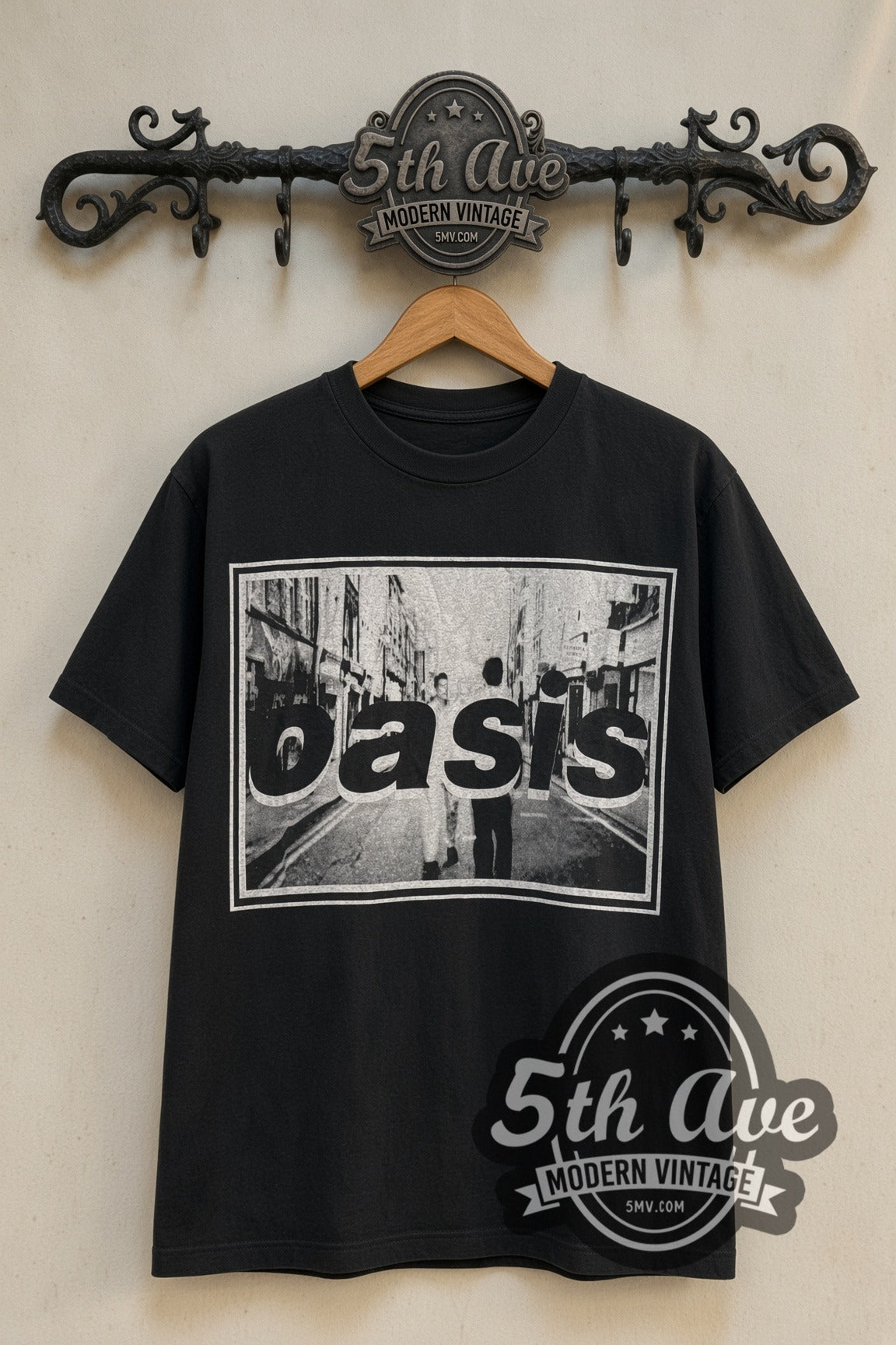 Oasis (What's the Story) Morning Glory? Street Photo & Question Mark vintage band t-shirt front on the 5MV rack