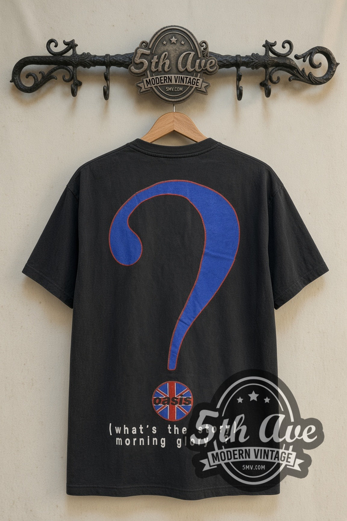 Back print of Oasis (What's the Story) Morning Glory? Street Photo & Question Mark vintage band tee on the 5MV rack