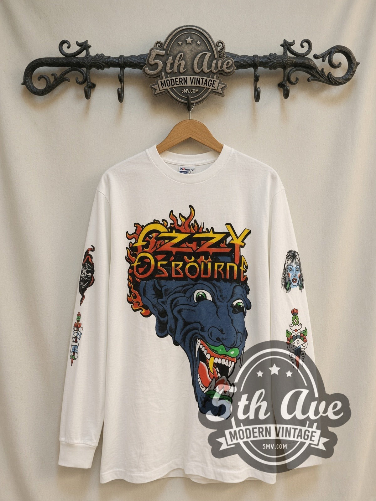 Ozzy Osbourne Demon Bat Tattoo vintage band long sleeve t-shirt, front view on a display rack