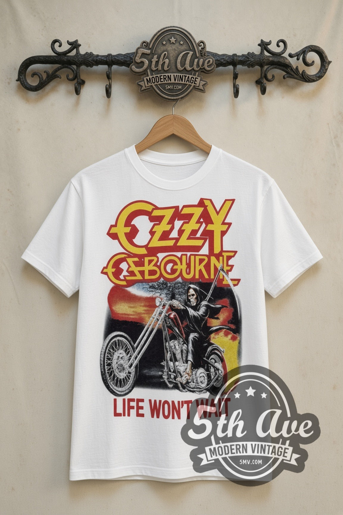 Ozzy Osbourne Life Won't Wait Reaper Chopper vintage band t-shirt in white, front view on the 5MV rack