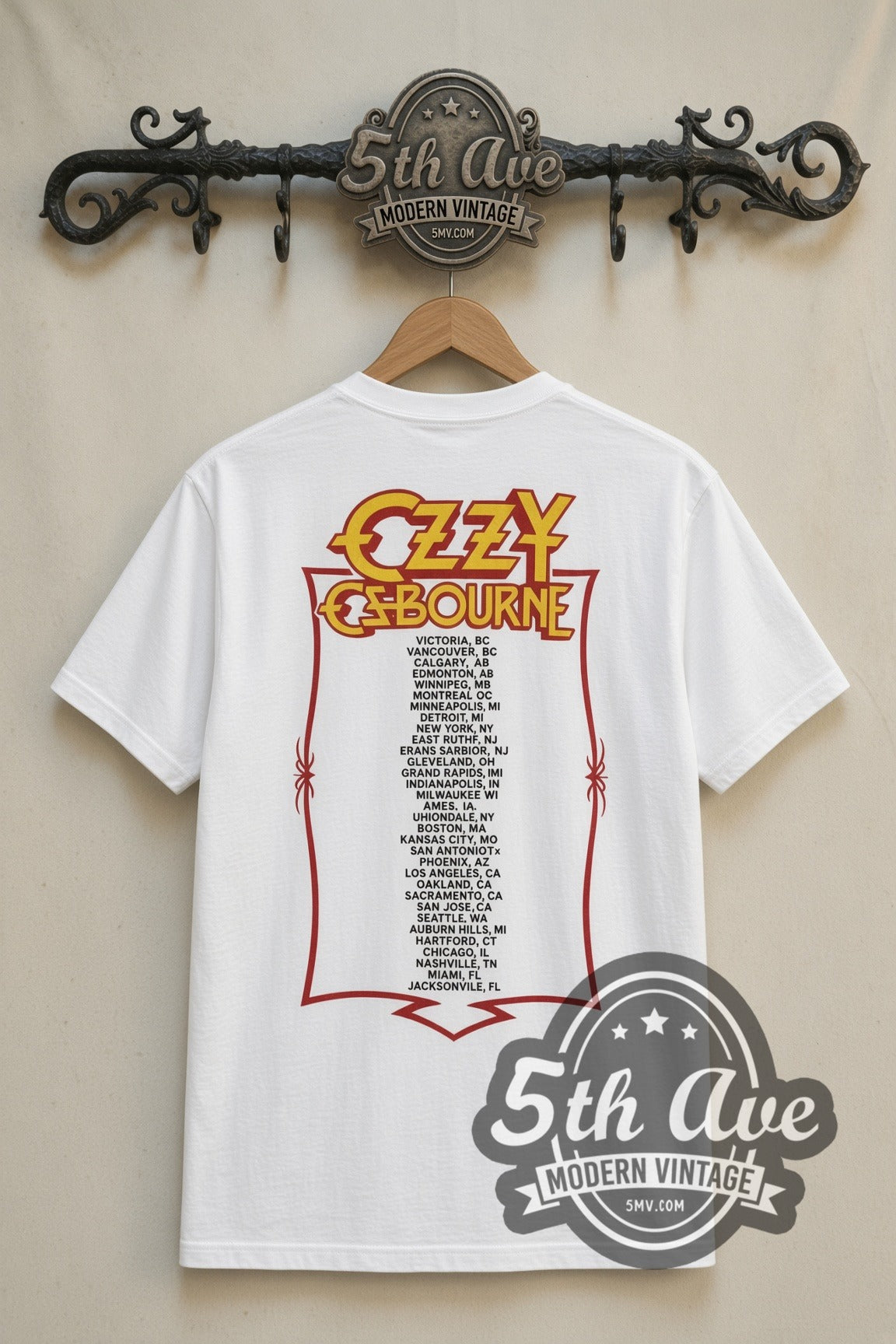 Ozzy Osbourne Life Won't Wait Reaper Chopper band t-shirt in white, back view on the 5MV rack