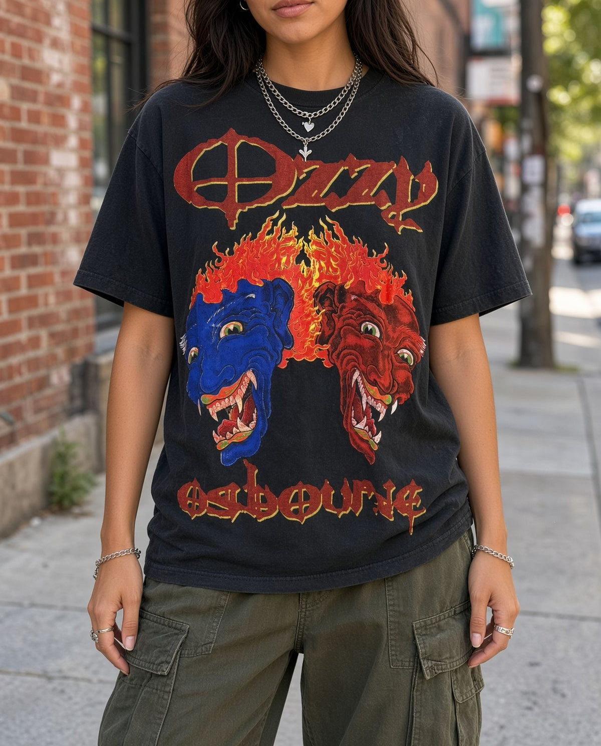 Model wearing Ozzy Osbourne flaming faces vintage band t-shirt