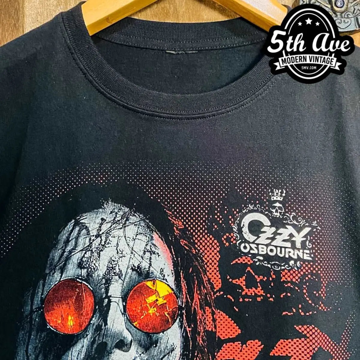 Model wearing Ozzy Osbourne – Red Sunglasses Cracked Portrait vintage band tee