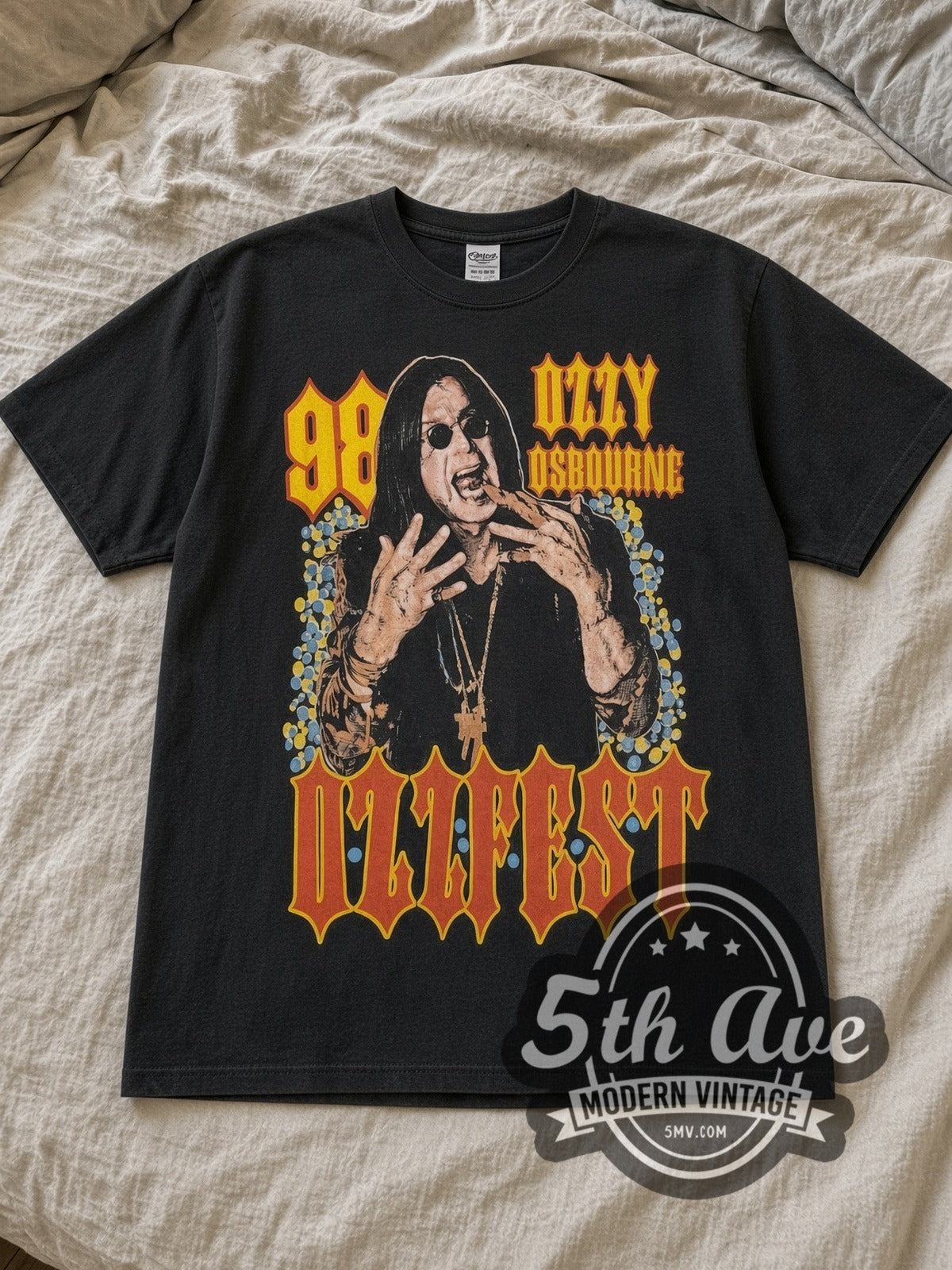 Black Ozzy Osbourne Ozzfest Tour 1998 Vintage Band T-Shirt laid flat on a linen bed