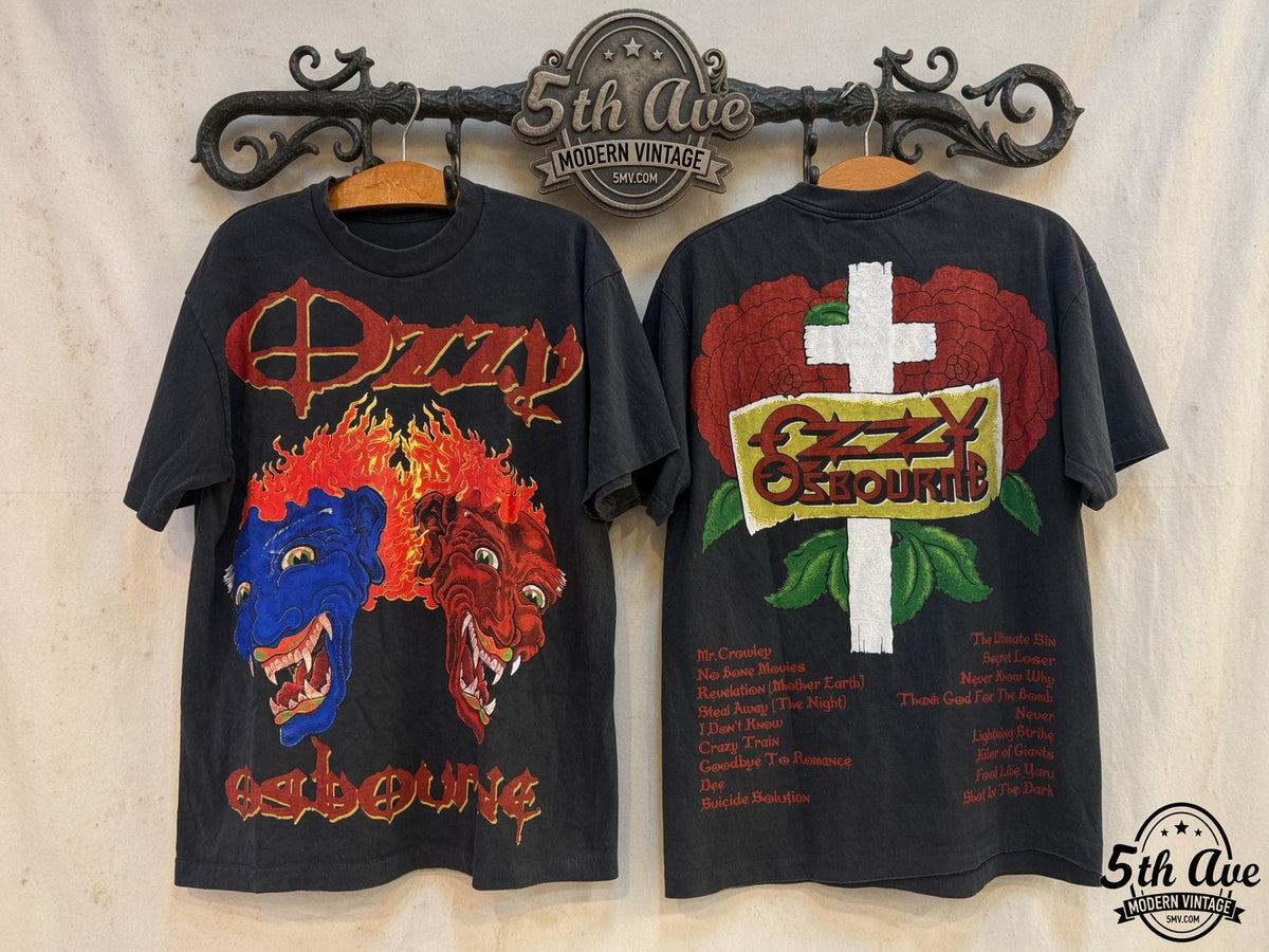 Ozzy Osbourne flaming faces vintage band t-shirt front and back on rack