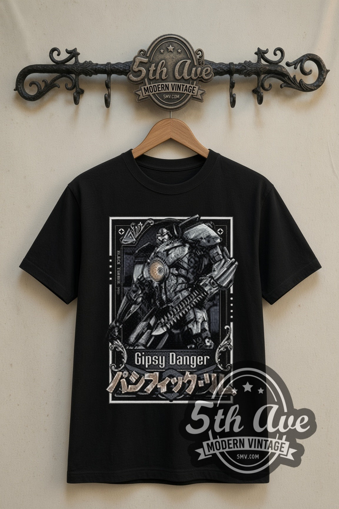 Pacific Rim Gipsy Danger double stitched black tee front on dark iron 5th Ave rack