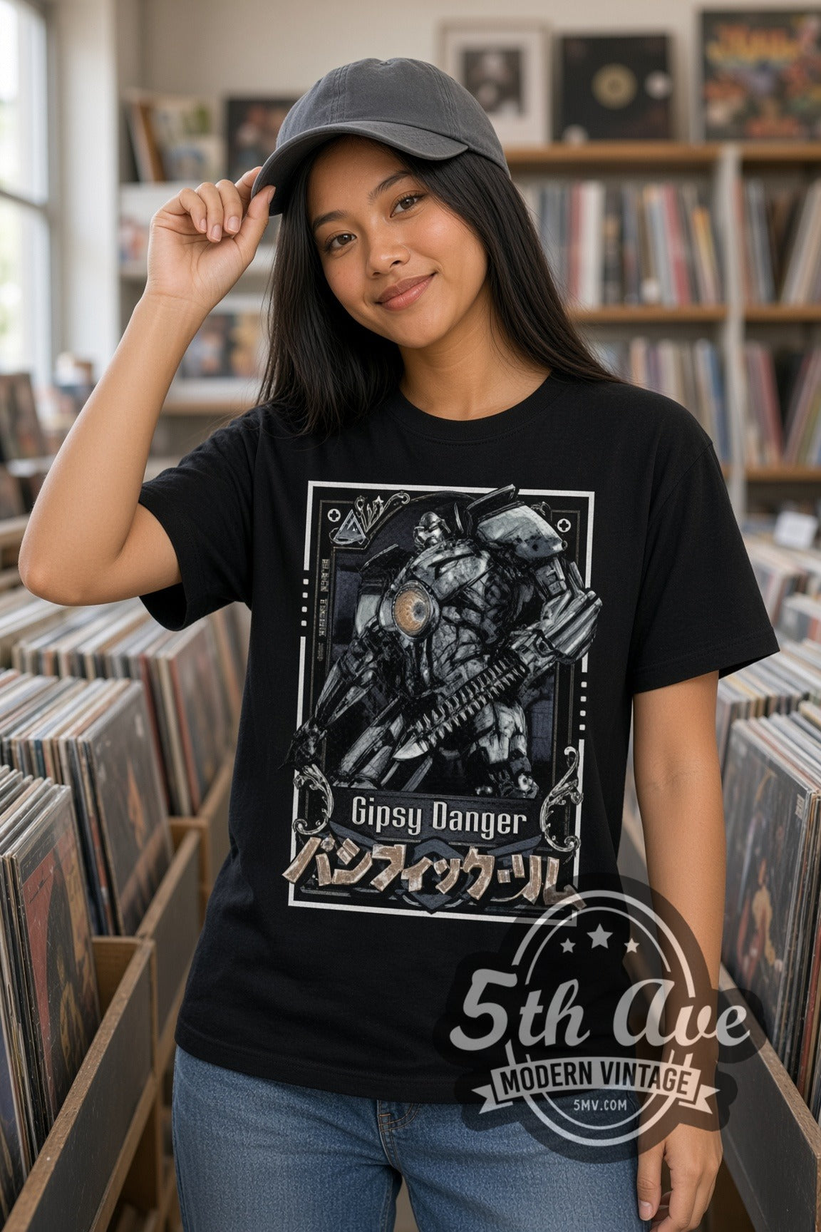 Woman wearing Pacific Rim Gipsy Danger double stitched black graphic tee
