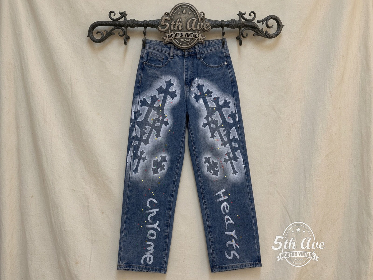 Gothic Cross Spray Paint Jeans front and back on rack