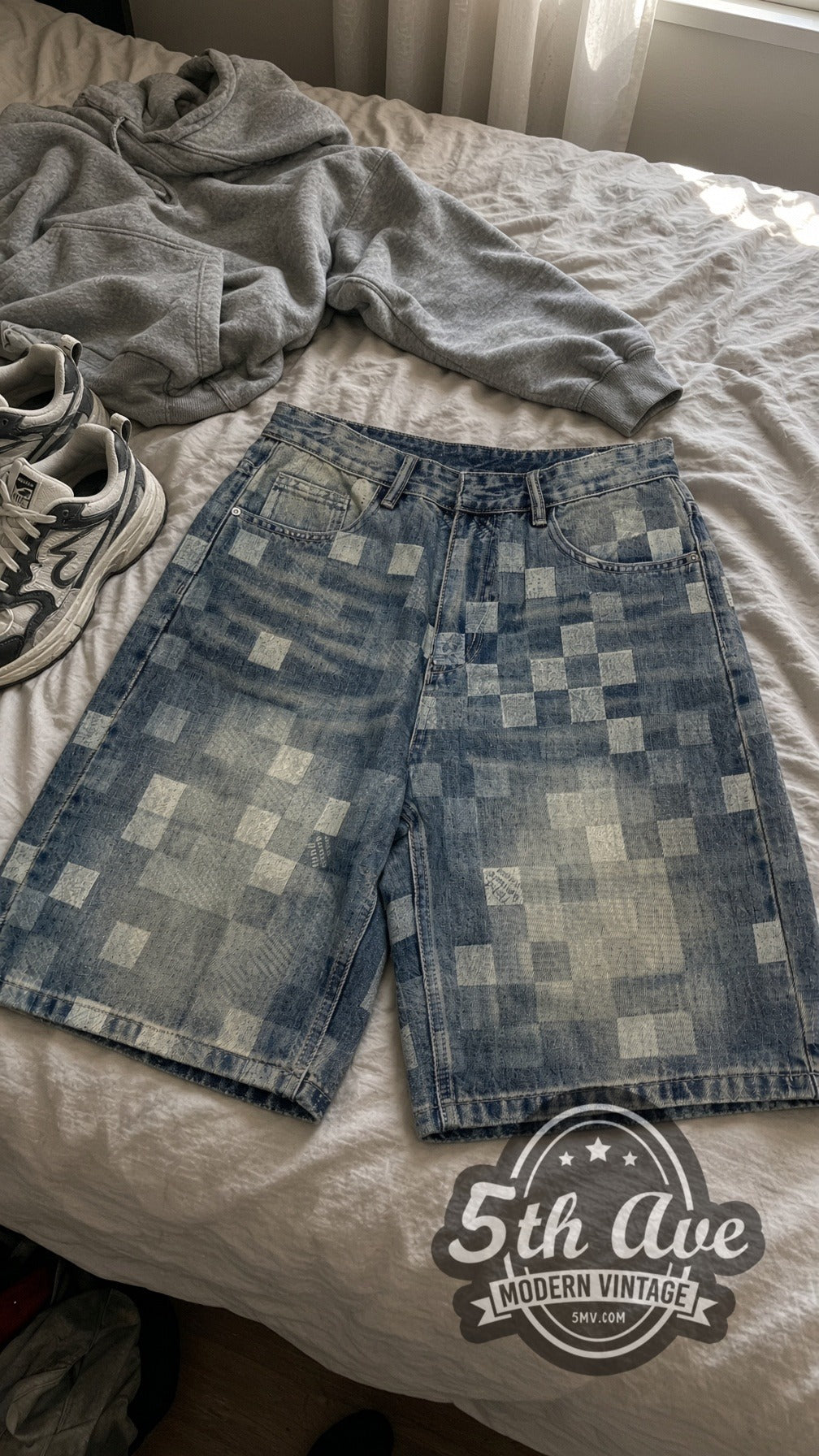 Pixel Checker Bleached Square Jorts – Vintage Streetwear vintage jorts laid on bed