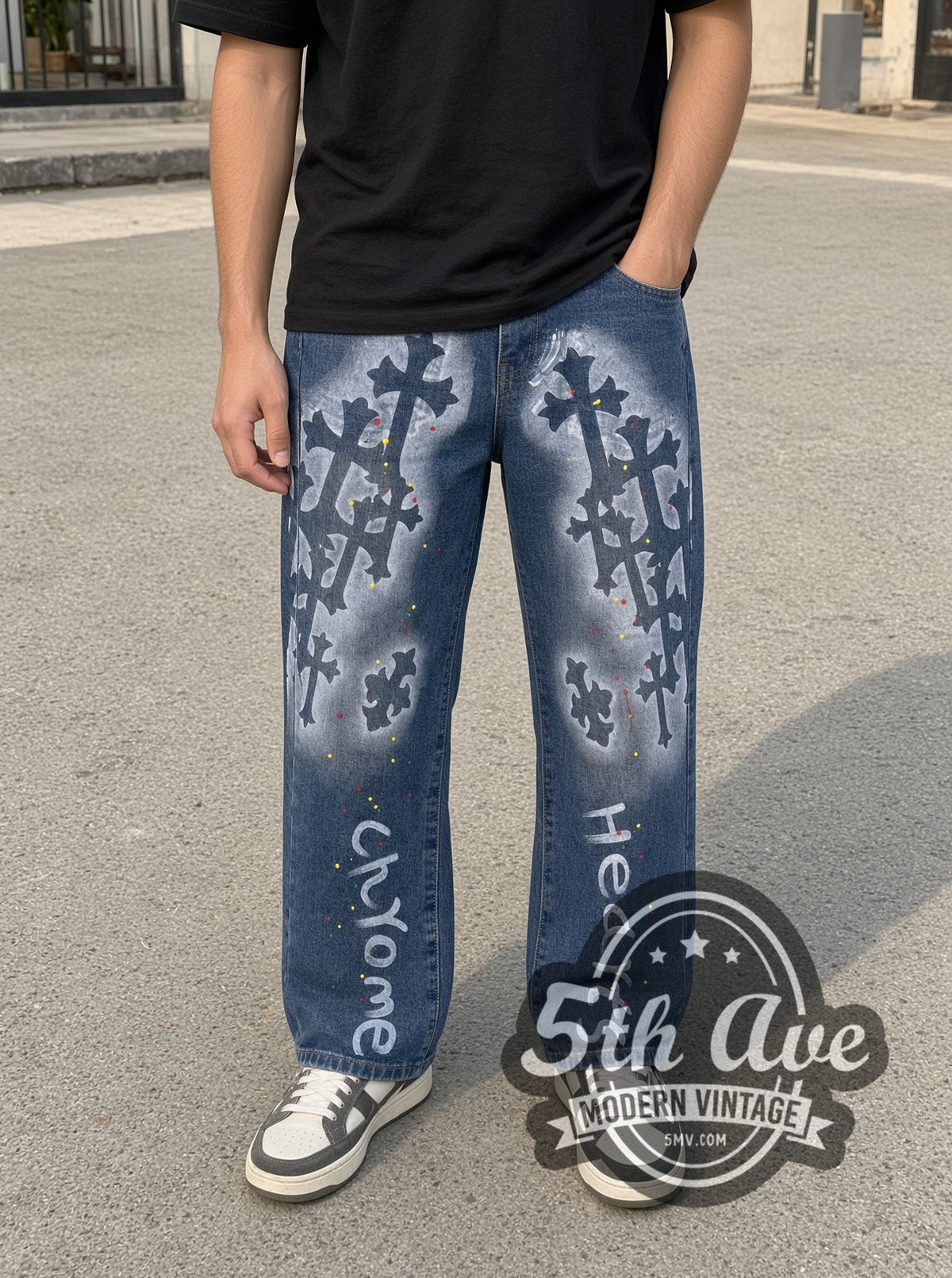 Model wearing Gothic Cross Spray Paint Jeans – Vintage Streetwear vintage jeans