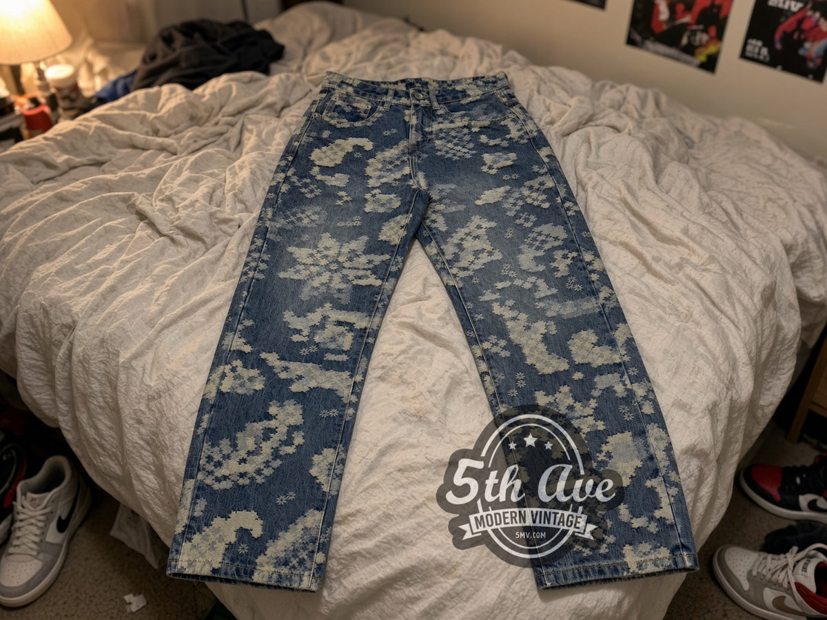 Pixel Floral Denim Jeans – Vintage Streetwear vintage jeans laid on bed