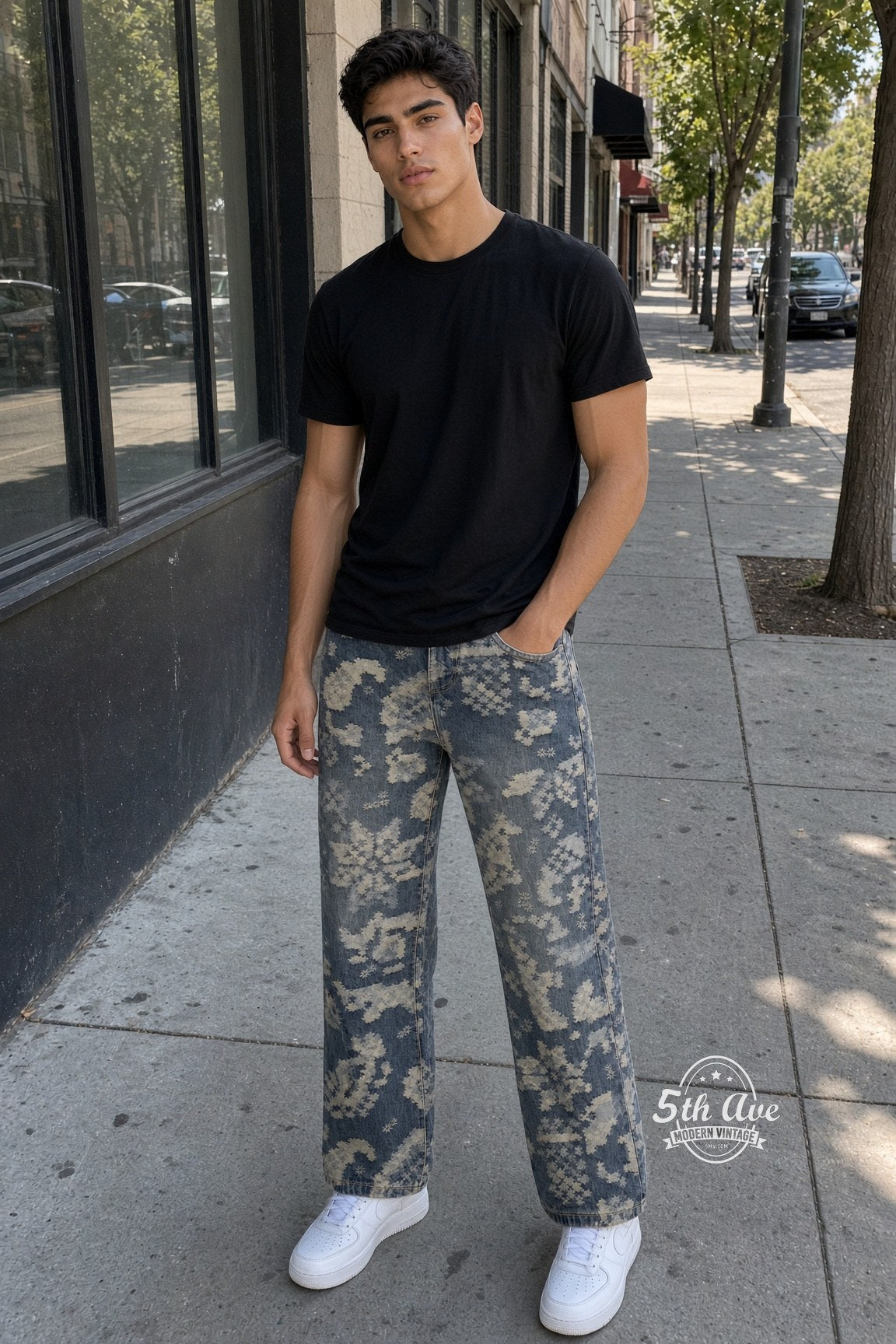 Model wearing Pixel Floral Denim Jeans vintage streetwear
