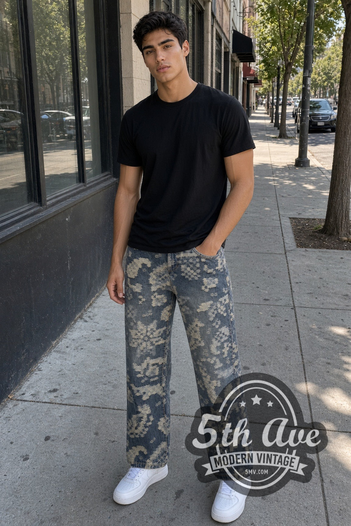 Model wearing Pixel Floral Denim Jeans – Vintage Streetwear vintage jeans