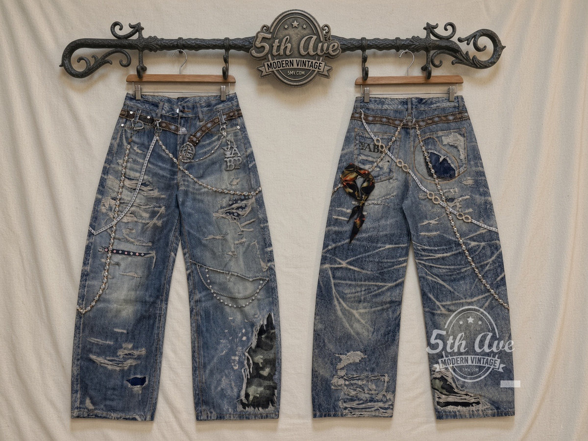 Distressed Pearl Chain Camo Patch Jeans front and back on rack