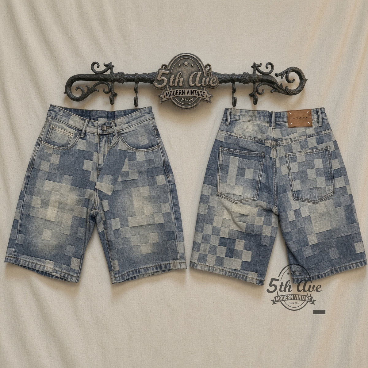 Pixel Grid Digital Checker Jorts front and back on rack