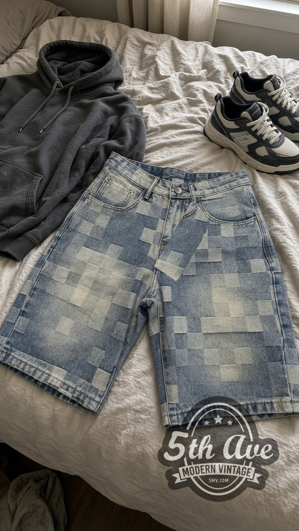 Pixel Grid Digital Checker Jorts – Vintage Streetwear vintage jorts laid on bed