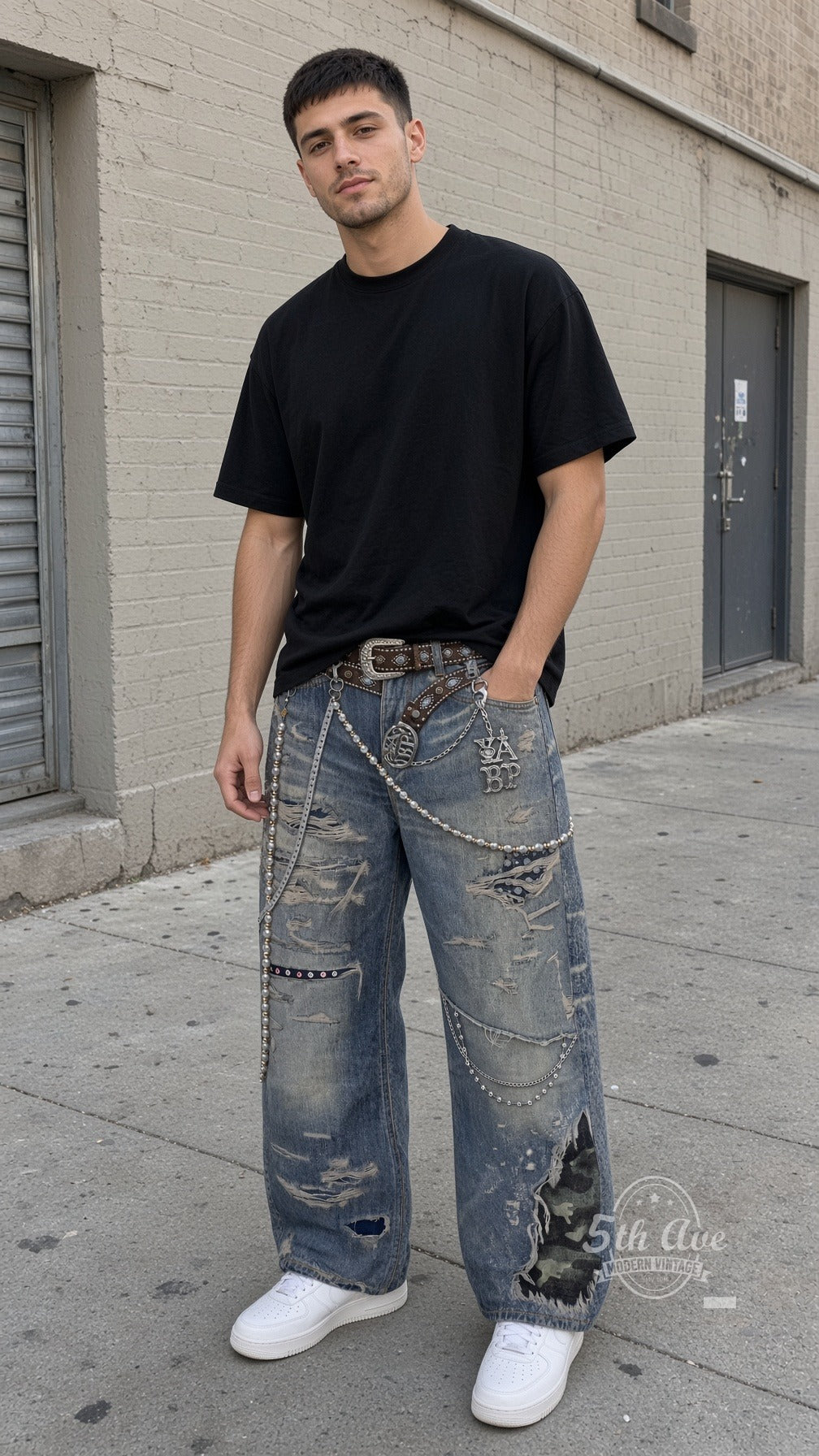 Model wearing Distressed Pearl Chain Camo Patch Jeans vintage streetwear