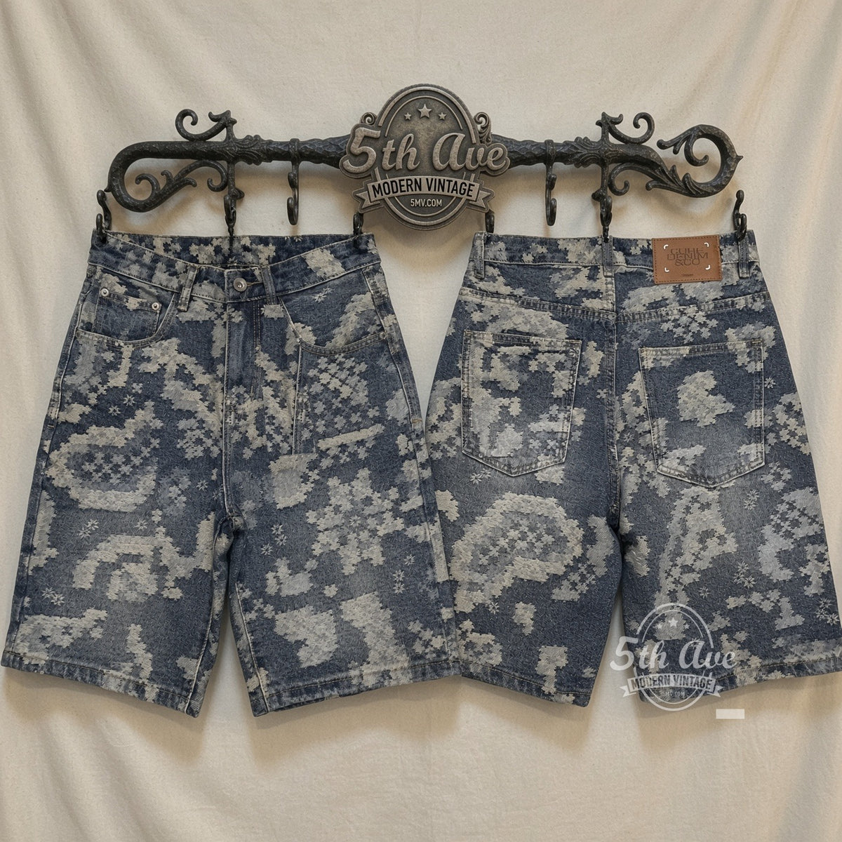 Indigo Pixel Star Print Jorts front and back on rack