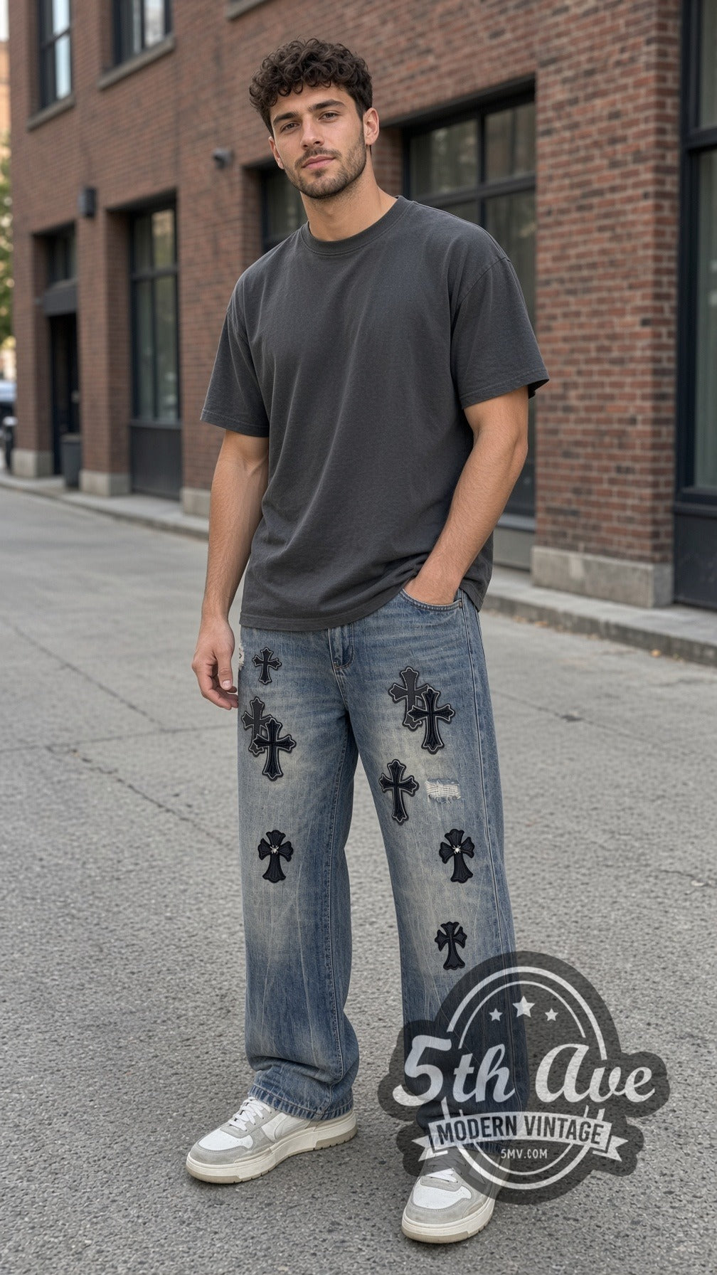 Model wearing Black Gothic Cross Appliqué Jeans – Vintage Streetwear vintage jeans