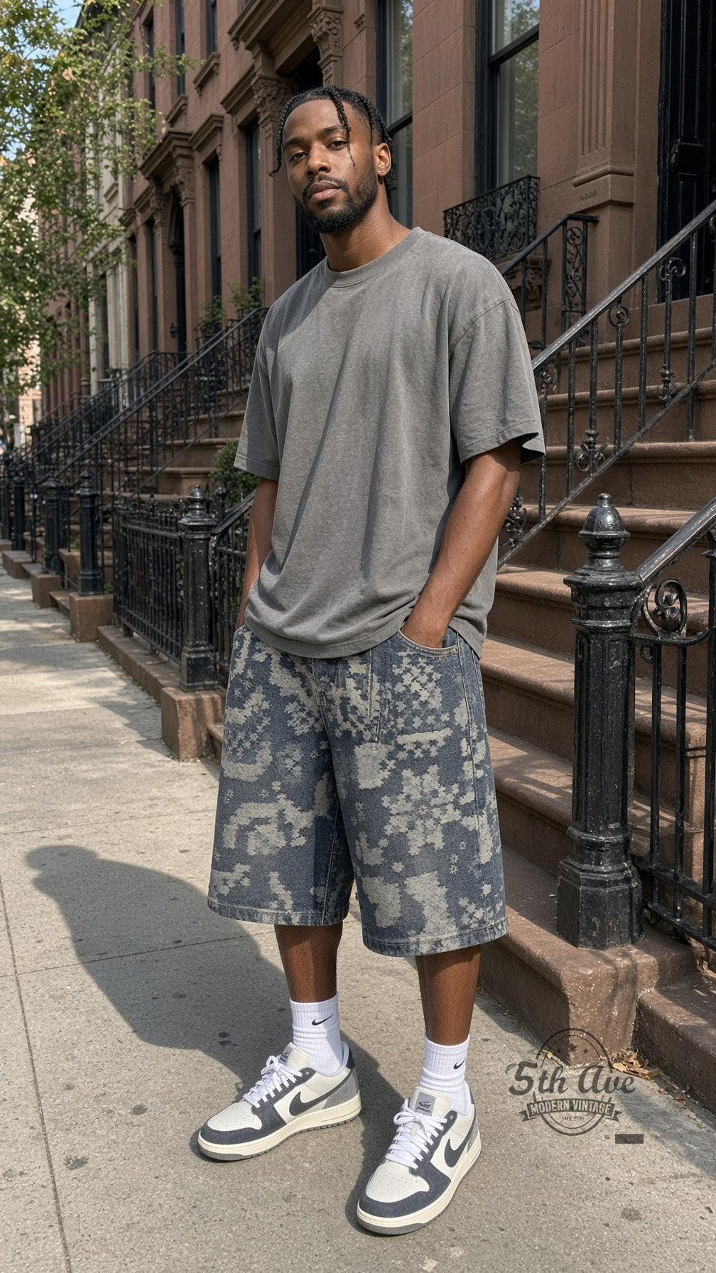Model wearing Indigo Pixel Star Print Jorts vintage streetwear