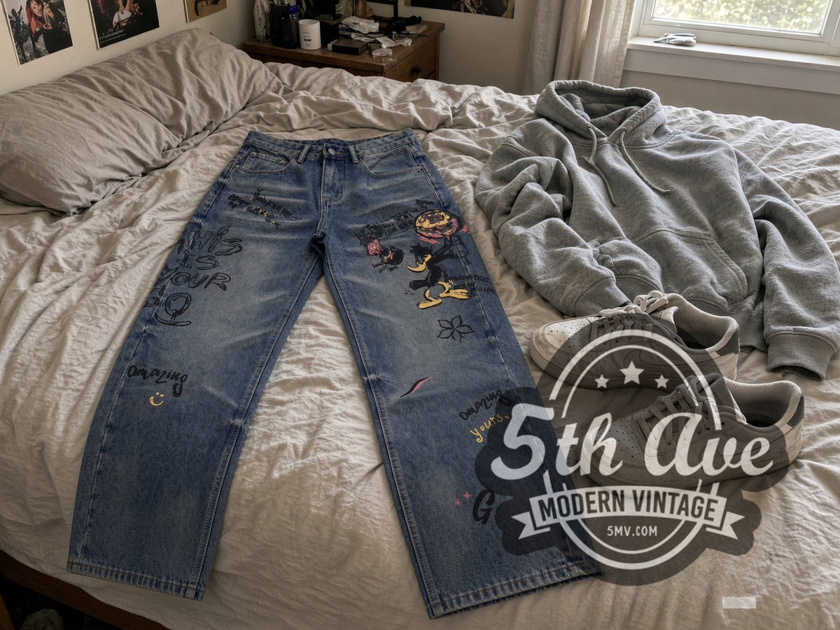 Graffiti Daffy Amazing Graphic Jeans – Vintage Streetwear vintage jeans laid on bed