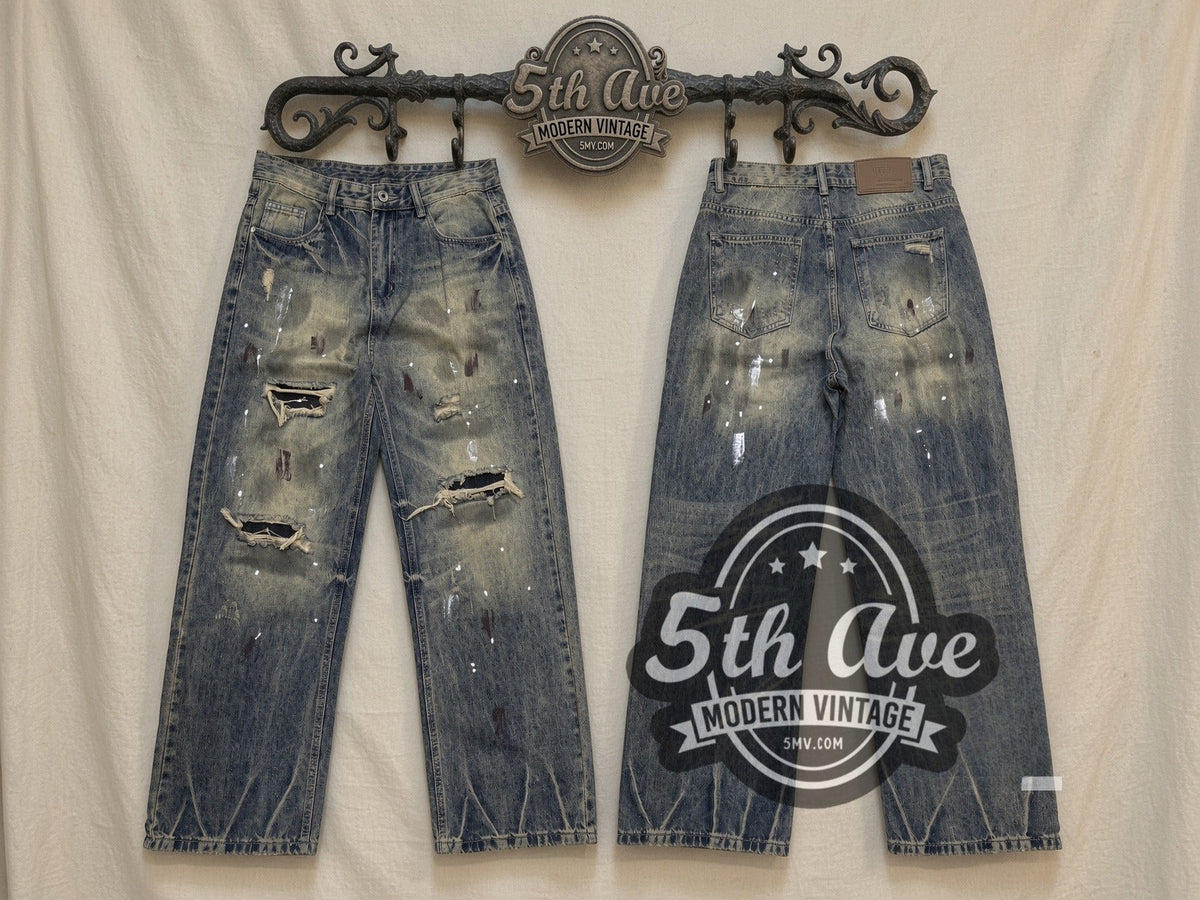 Dirty Wash Paint Splatter Zigzag Hem Jeans – Vintage Streetwear vintage jeans on the 5MV rack