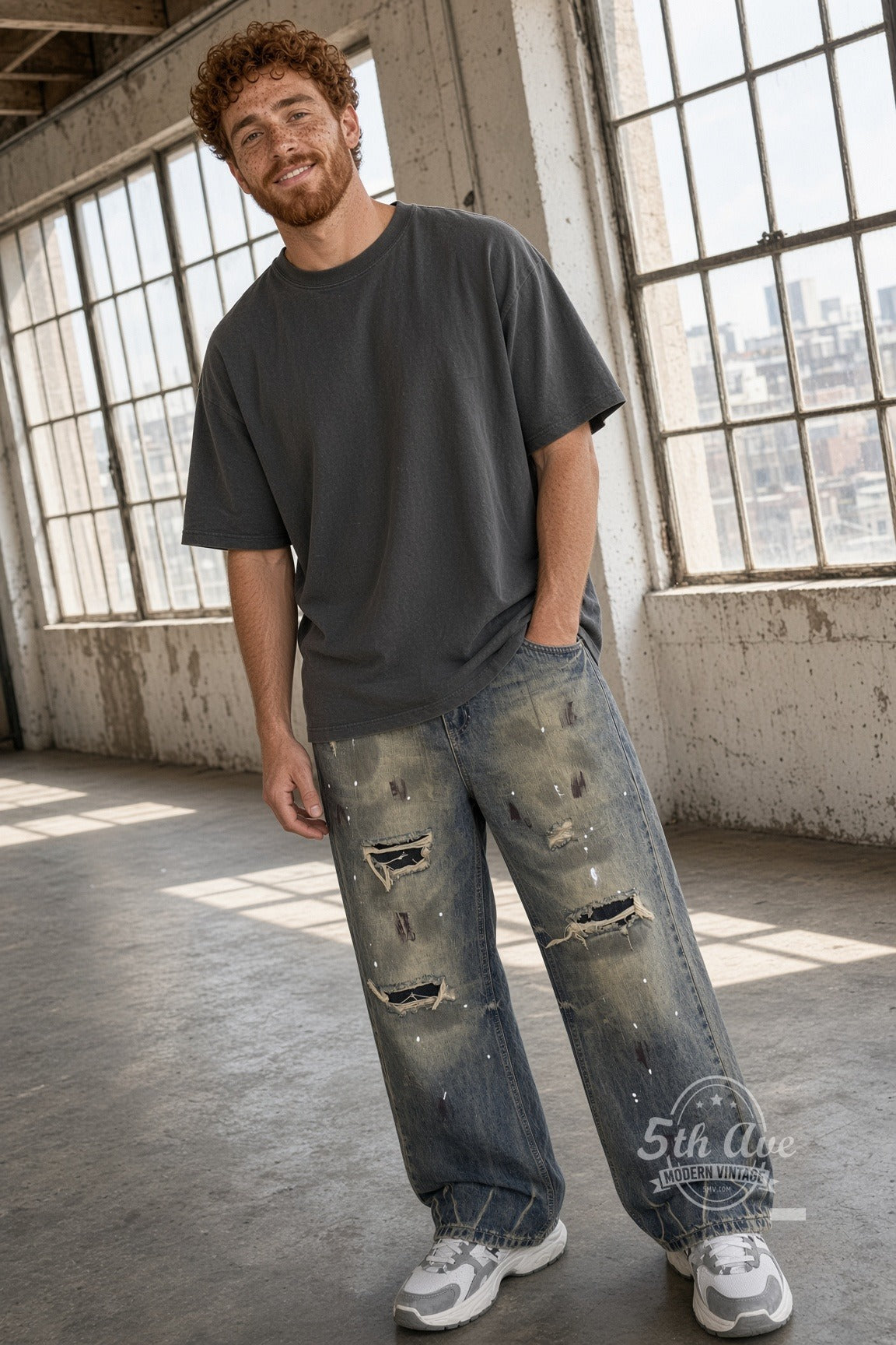 Model wearing Dirty Wash Paint Splatter Zigzag Hem Jeans vintage streetwear