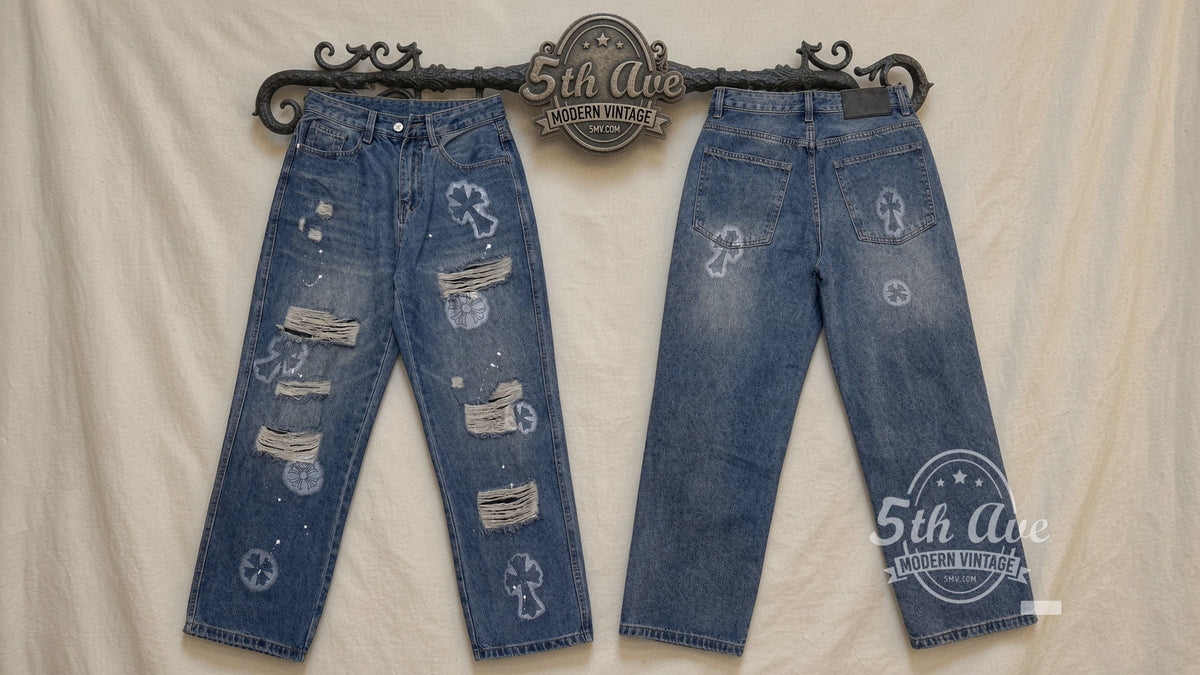 Light Cemetery Cross Floral Distressed Jeans front and back on rack