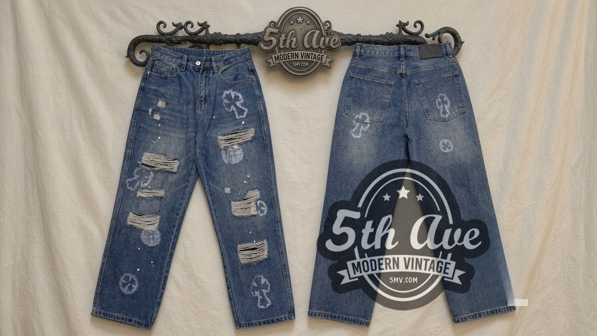 Light Cemetery Cross Floral Distressed Jeans – Vintage Streetwear vintage jeans on the 5MV rack