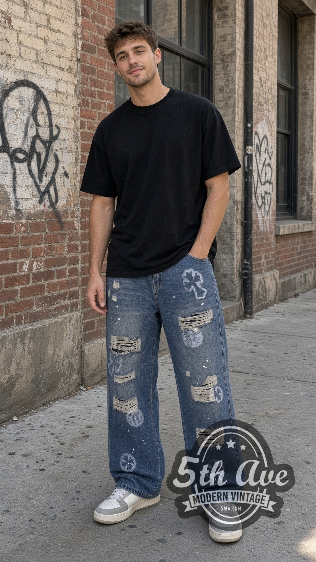 Model wearing Light Cemetery Cross Floral Distressed Jeans – Vintage Streetwear vintage jeans