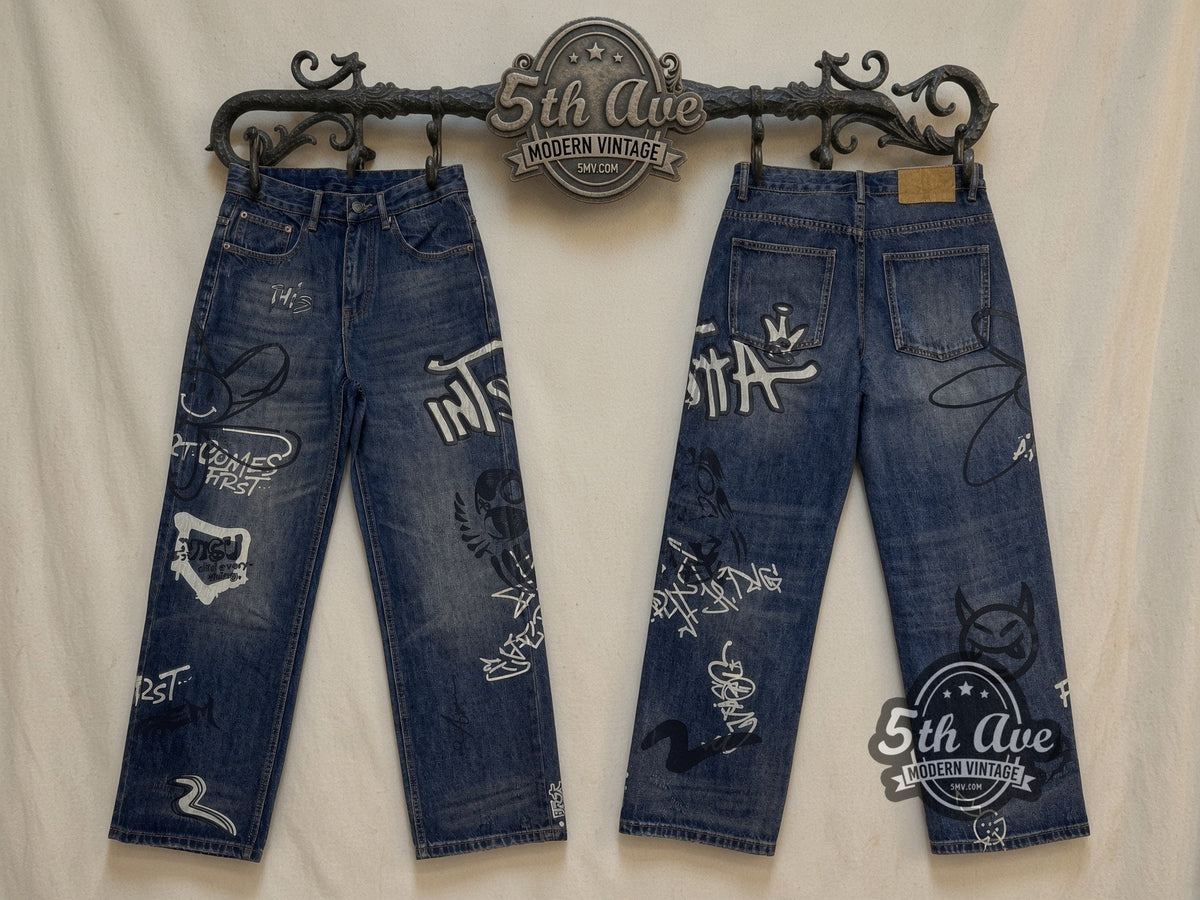 Dark Graffiti Bunny Skull Streetwear Jeans – Vintage Style vintage jeans on the 5MV rack