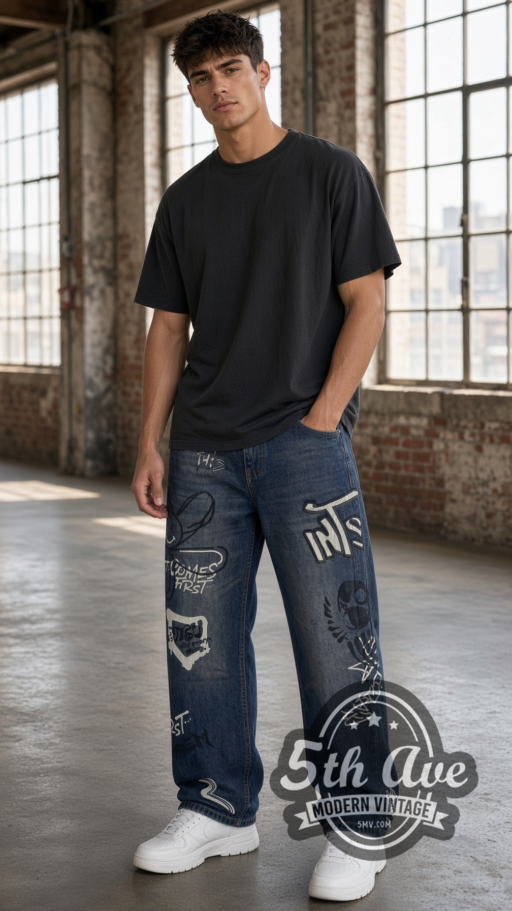 Model wearing Dark Graffiti Bunny Skull Streetwear Jeans – Vintage Style vintage jeans