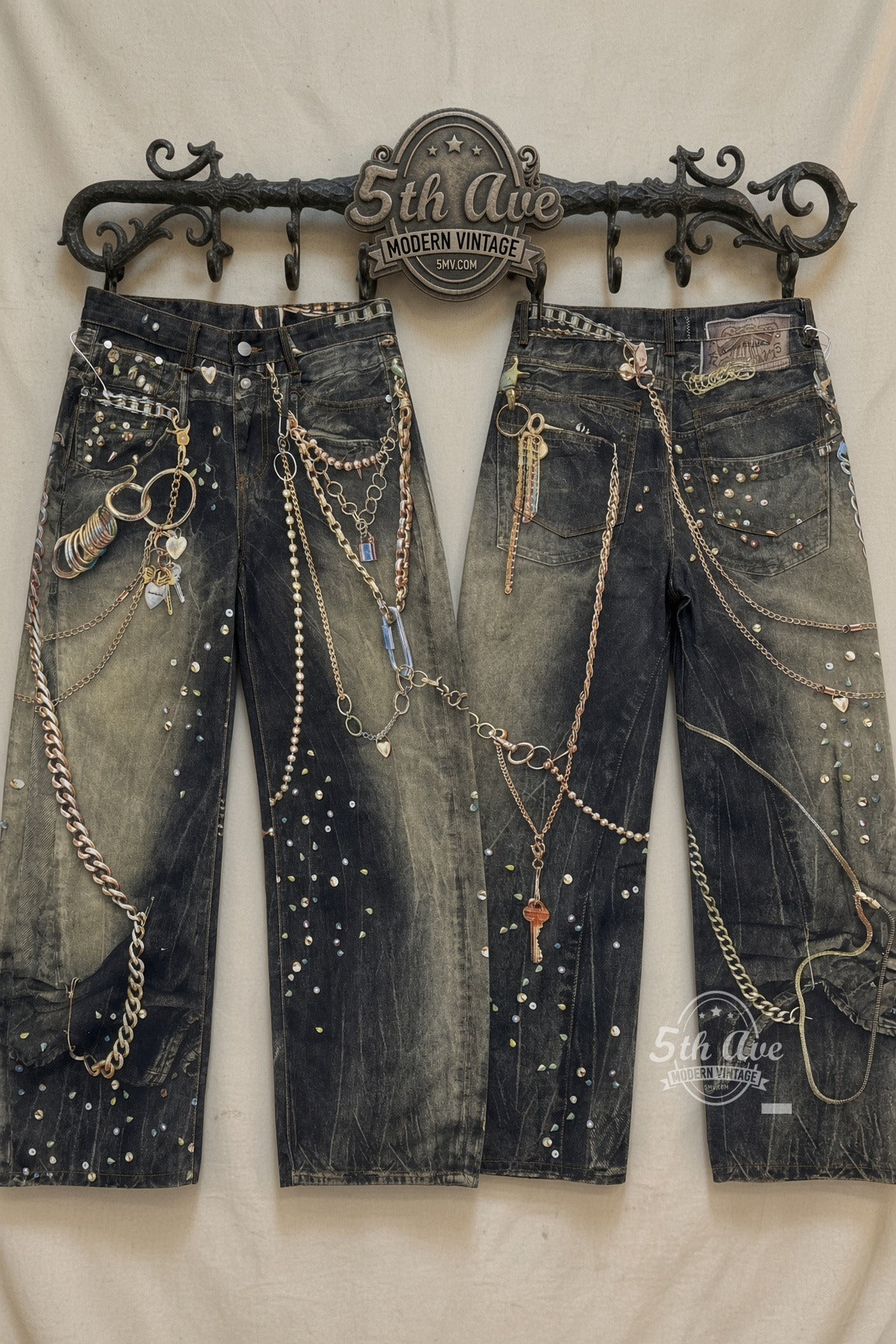 Dirty Wash Trompe L'oeil Jewelry Print Streetwear Jeans front and back on rack