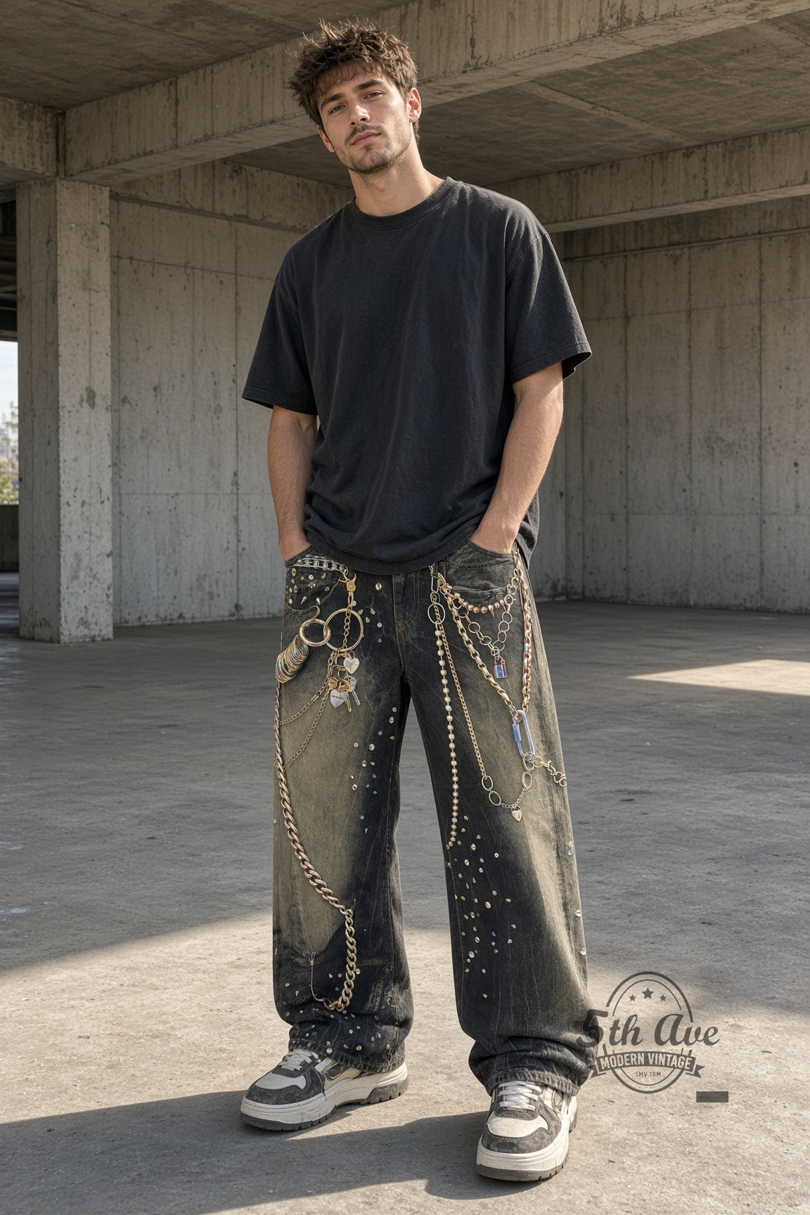 Model wearing Dirty Wash Trompe L'oeil Jewelry Print Streetwear Jeans vintage streetwear