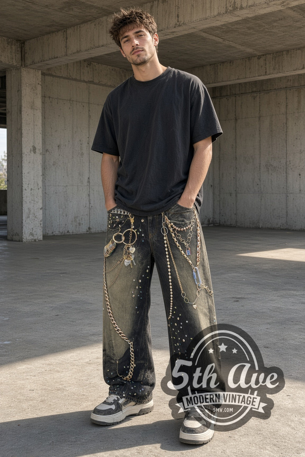 Model wearing Dirty Wash Trompe L'oeil Jewelry Print Streetwear Jeans – Vintage Style vintage jeans