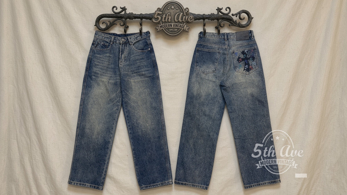 Acid Wash Multi-Color Cross Back Pocket Streetwear Jeans front and back on rack