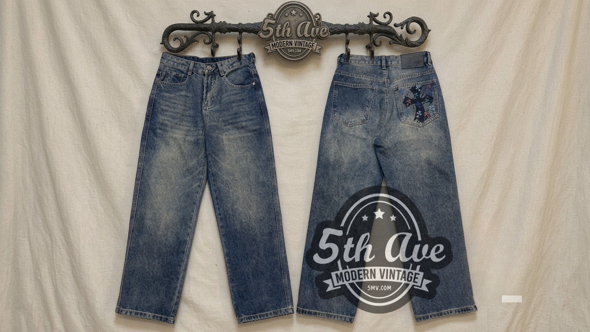 Acid Wash Multi-Color Cross Back Pocket Streetwear Jeans – Vintage Style vintage jeans on rack
